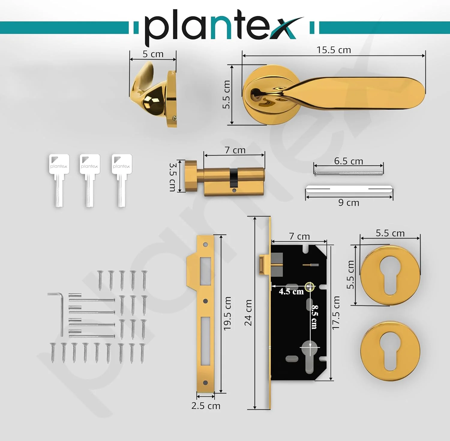 قفل درب سه گانه امنیتی Plantex برای خانه/ مجموعه قفل درب اصلی با بدنه و سیلندر قفل برنجی (7106-طلایی) قفل درب سه گانه امنیتی Plantex برای خانه/ مجموعه قفل درب اصلی با بدنه و سیلندر قفل برنجی (7106-طلایی)