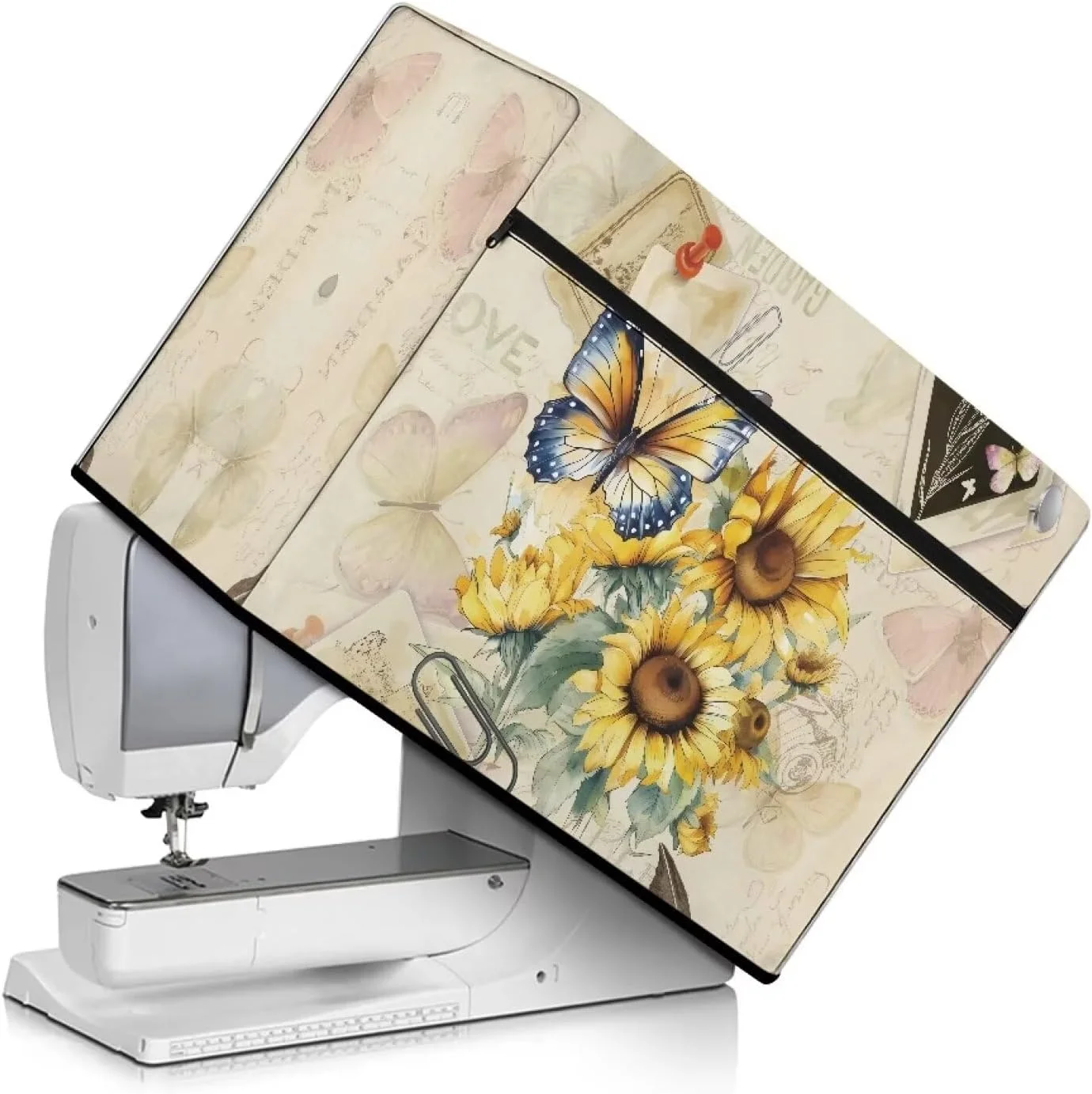 روکش محافظ چرخ خیاطی طرح آفتابگردان و پروانه آنجودی، روکش ضد گرد و غبار با طناب کناری و جیب های لوازم ضروری خیاطی، سازگار با چرخ خیاطی های استاندارد روکش محافظ چرخ خیاطی طرح آفتابگردان و پروانه آنجودی، روکش ضد گرد و غبار با طناب کناری و جیب های لوازم ضروری خیاطی، سازگار با چرخ خیاطی های استاندارد