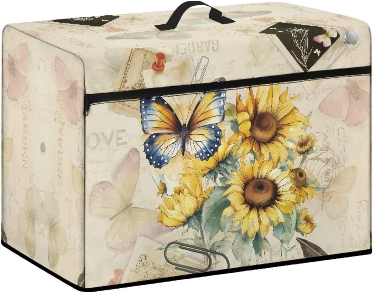 روکش محافظ چرخ خیاطی طرح آفتابگردان و پروانه آنجودی، روکش ضد گرد و غبار با طناب کناری و جیب های لوازم ضروری خیاطی، سازگار با چرخ خیاطی های استاندارد