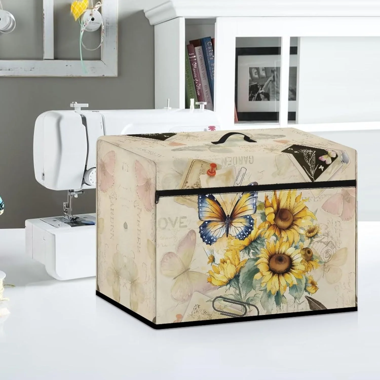 روکش محافظ چرخ خیاطی طرح آفتابگردان و پروانه آنجودی، روکش ضد گرد و غبار با طناب کناری و جیب های لوازم ضروری خیاطی، سازگار با چرخ خیاطی های استاندارد