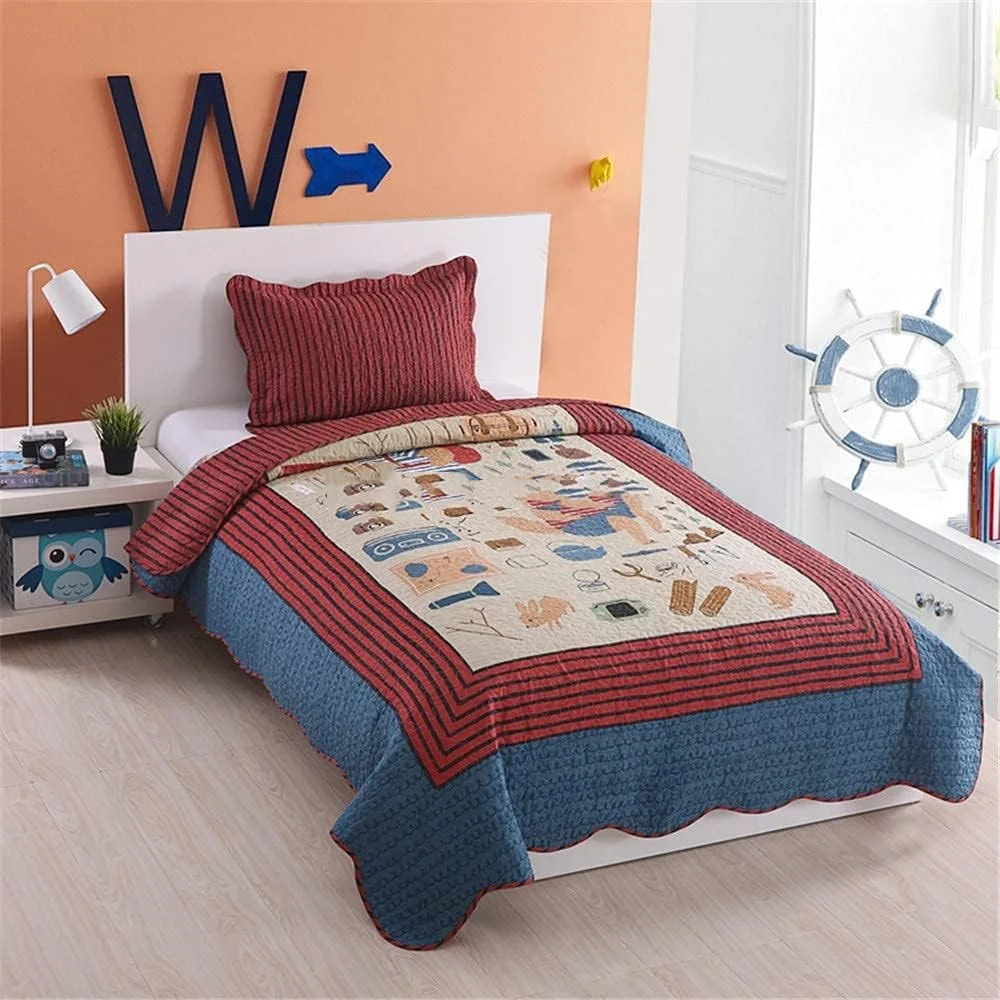 GBMULG ست روتختی لحاف دار تکه دوزی شده طرح کارتونی 2 تکه آبی پسرانه نوجوانان کودکان پنبه ای راه راه قرمز به همراه روبالشتی