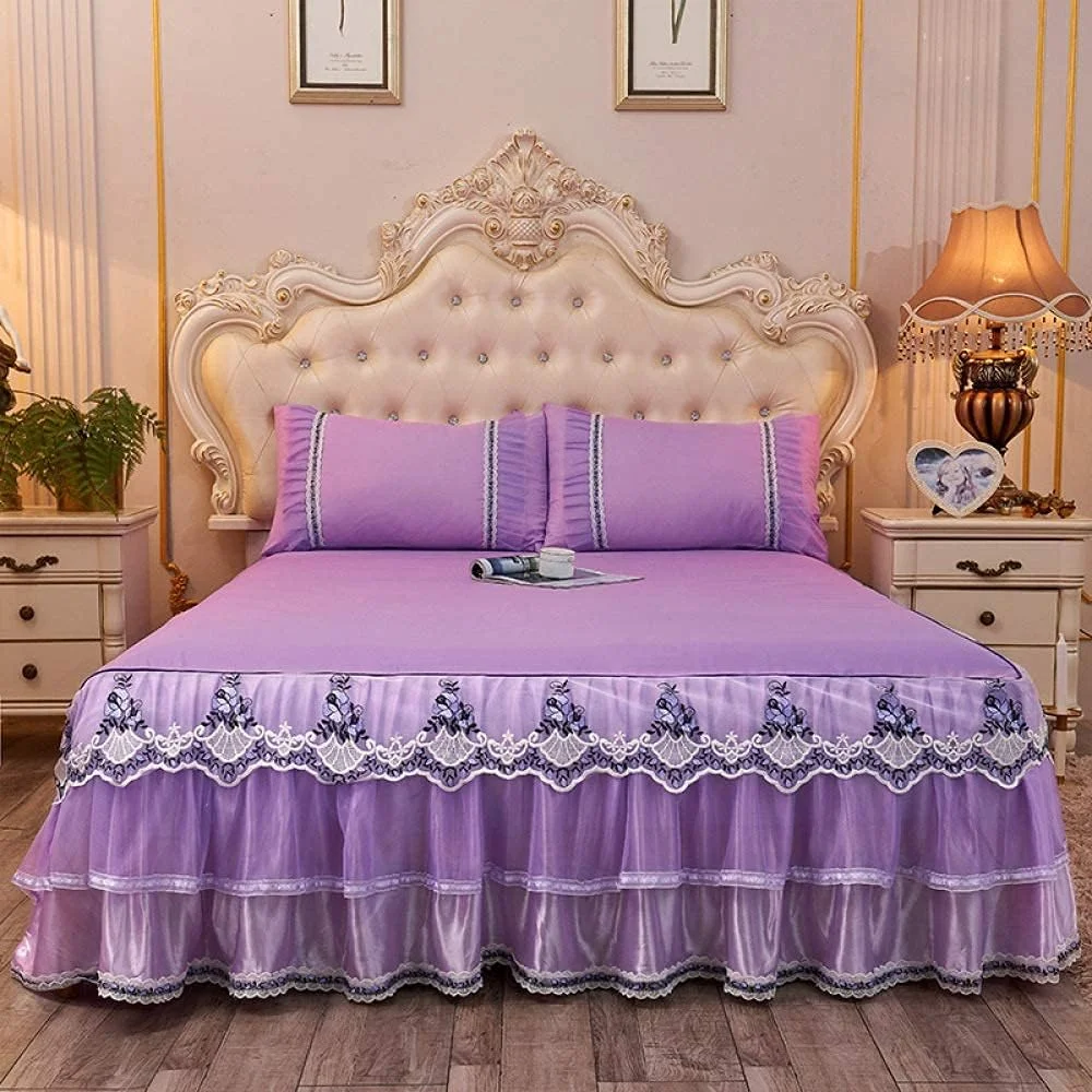 روتختی تکه دوزی شده تابستانی GBMULG سایز دو نفره/تک نفره، ملحفه های چین دار، دامن تخت سبک وزن، روتختی تزئینی یک رنگ، ست 3 تکه، زرد-200CM220CM، بنفش-180CM*200CM