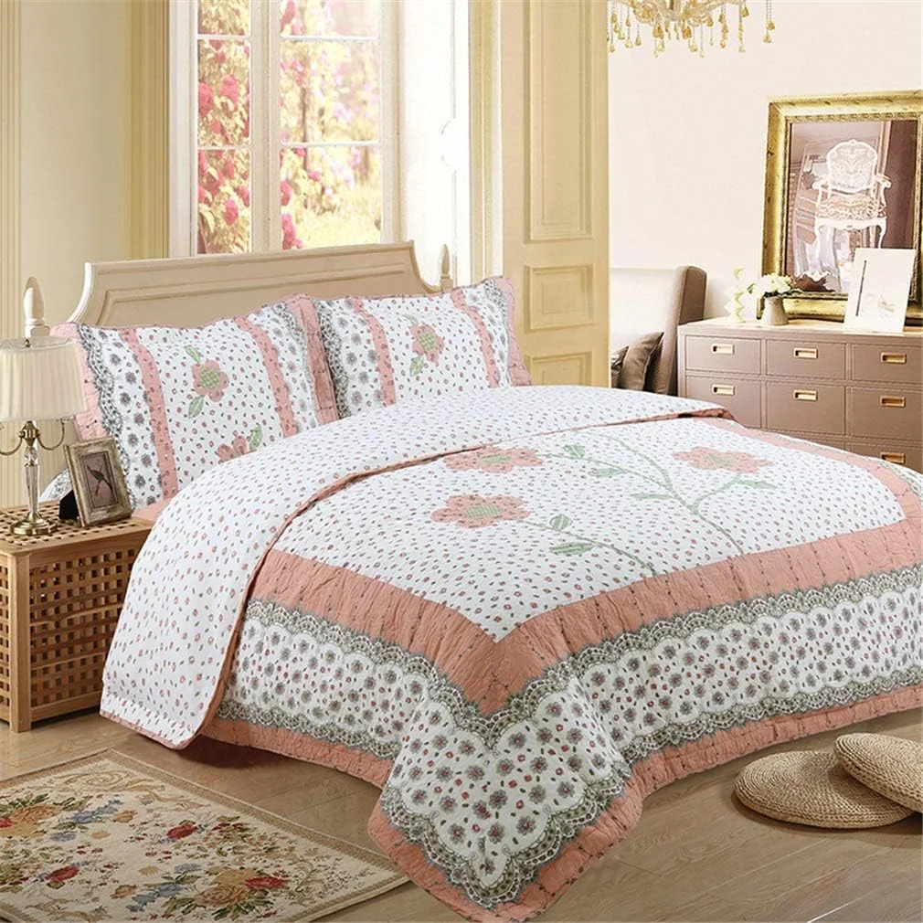 ست 3 تکه ملحفه لحافی دست دوز تکه دوزی شده 230 * 250 سانتی متر 50 * 70 سانتی متر در 2 عدد برای تخت 150 یا 135 دو رو، صورتی، صورتی-