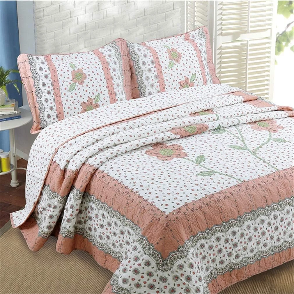ست 3 تکه ملحفه لحافی دست دوز تکه دوزی شده 230 * 250 سانتی متر 50 * 70 سانتی متر در 2 عدد برای تخت 150 یا 135 دو رو، صورتی، صورتی-