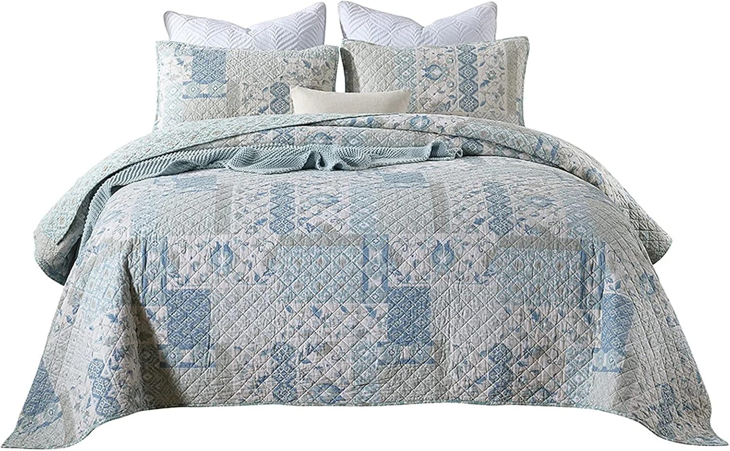 روتختی لحاف‌دوزی شده آبی روشن GBMULG طرح تکه دوزی سایز دو نفره و سوپر کینگ 230x250 سانتی متر، پنبه ای، طرح پروانه، گل و گیاه، لحاف روتختی، پتو به همراه روبالشتی