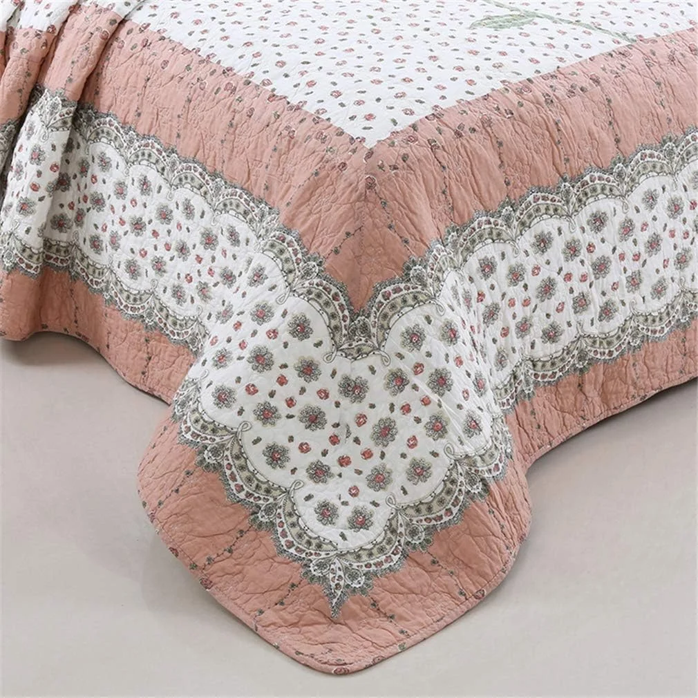 ست 3 تکه ملحفه لحافی دست دوز تکه دوزی شده 230 * 250 سانتی متر 50 * 70 سانتی متر در 2 عدد برای تخت 150 یا 135 دو رو، صورتی، صورتی-