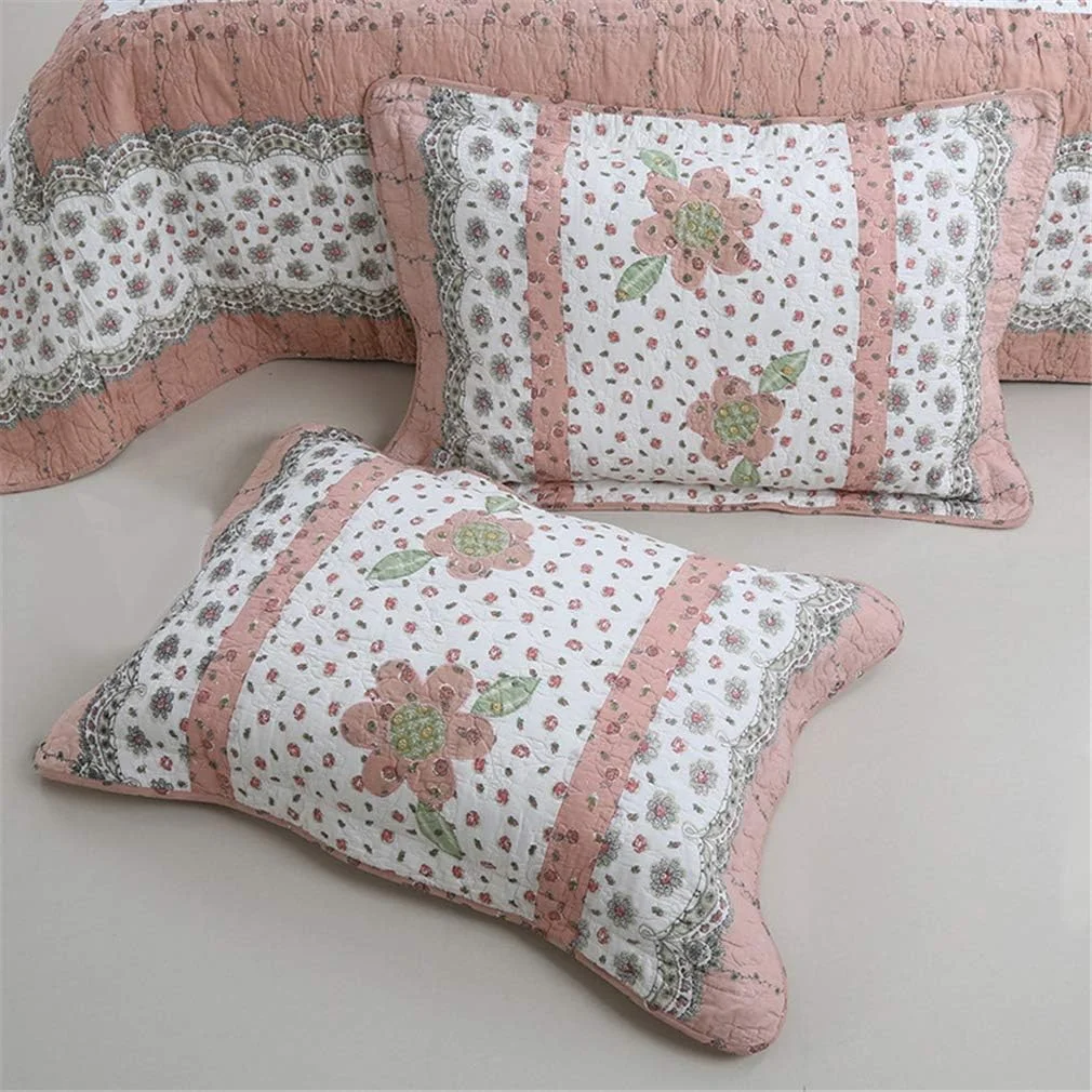 ست 3 تکه ملحفه لحافی دست دوز تکه دوزی شده 230 * 250 سانتی متر 50 * 70 سانتی متر در 2 عدد برای تخت 150 یا 135 دو رو، صورتی، صورتی-