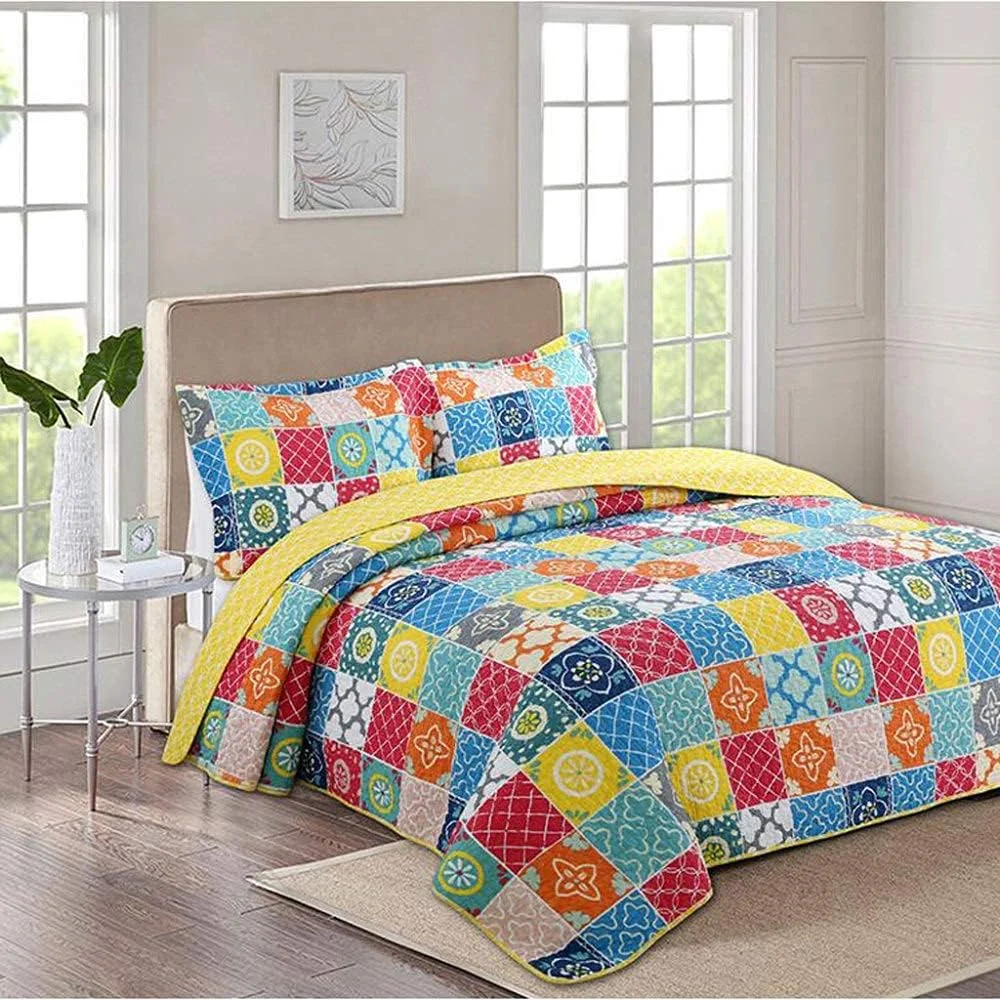 روتختی لحافی پنبه ای دو نفره سایز کینگ 240X260cm، ملحفه های ضخیم، ضد حساسیت، سبک وزن، روکش تخت میکروفیبر، پتوی تزئینی طرح تکه دوزی، 240X260cm