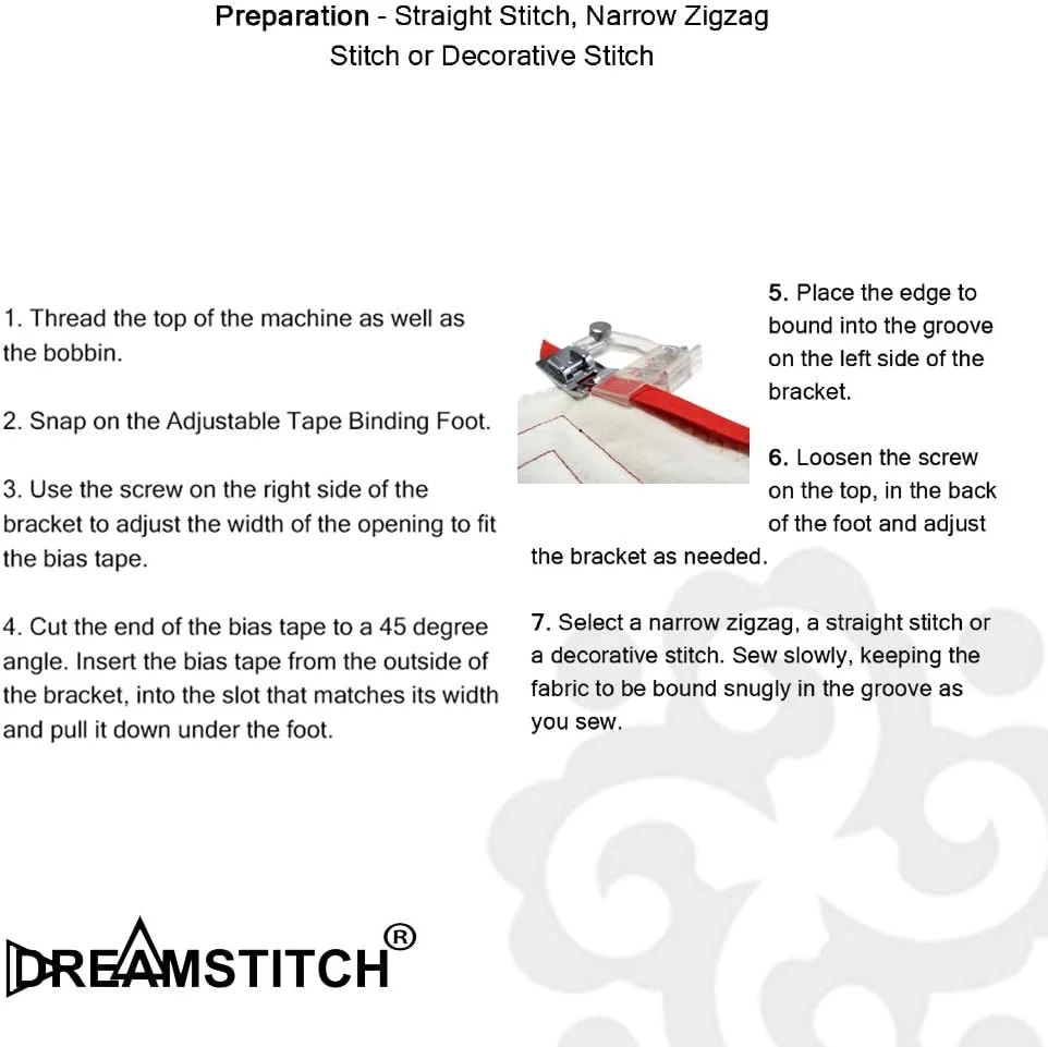 پایه دوخت نوار اریب قابل تنظیم 5 میلی متری DREAMSTITCH - مناسب برای تمام چرخ خیاطی های پایه کوتاه Singer، Brother، Babylock، Euro-Pro، Janome، Kenmore، White، Juki، New Home، Simplicity، Elna - RJ6290 (2)