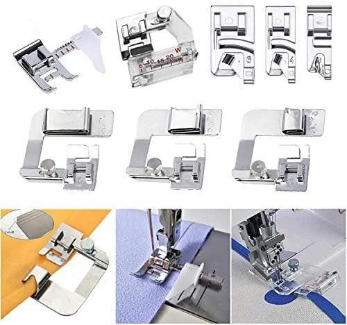 پایه های چرخ خیاطی HONEYSEW، 3 عدد پایه لب تو، 3 عدد پایه باریک لب تو و پایه راهنمای قابل تنظیم، پایه اریب ساز سازگار با Singer، Brother، Juki و غیره