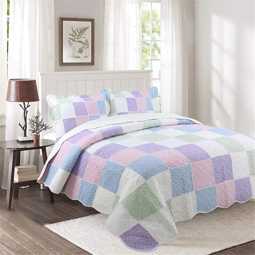 روتختی و روبالشتی سایز سوپر کینگ پنبه ای طرح نوردیک، تکه دوزی مربعی، روتختی لحافی مناسب تخت کینگ با 2 روبالشتی، 230 در 250 سانتی متر، C، A-