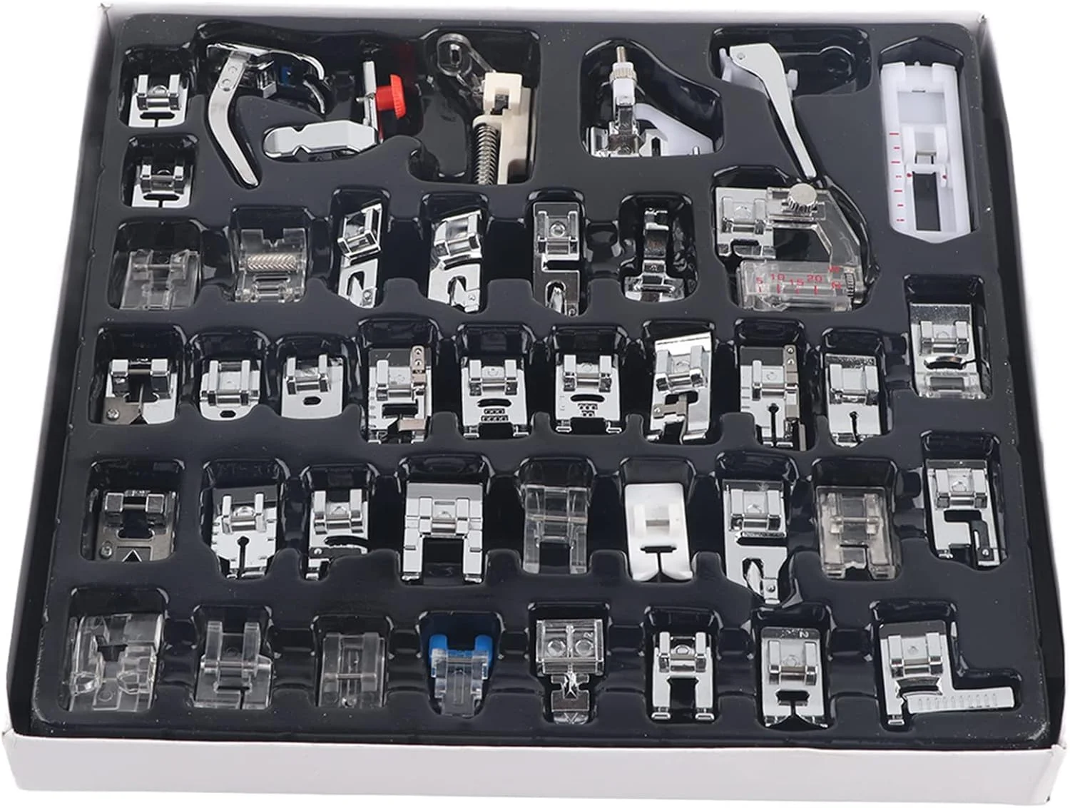 کیت 42 عددی قطعات چند منظوره چرخ خیاطی، مجموعه پایه های فشاری، پایه های دوخت، پایه نوار اریب قابل تنظیم، پایه فشاری جادکمه، برای ایجاد تزئینات سه بعدی، با جعبه سیاه کیت 42 عددی قطعات چند منظوره چرخ خیاطی، مجموعه پایه های فشاری، پایه های دوخت، پایه نوار اریب قابل تنظیم، پایه فشاری جادکمه، برای ایجاد تزئینات سه بعدی، با جعبه سیاه