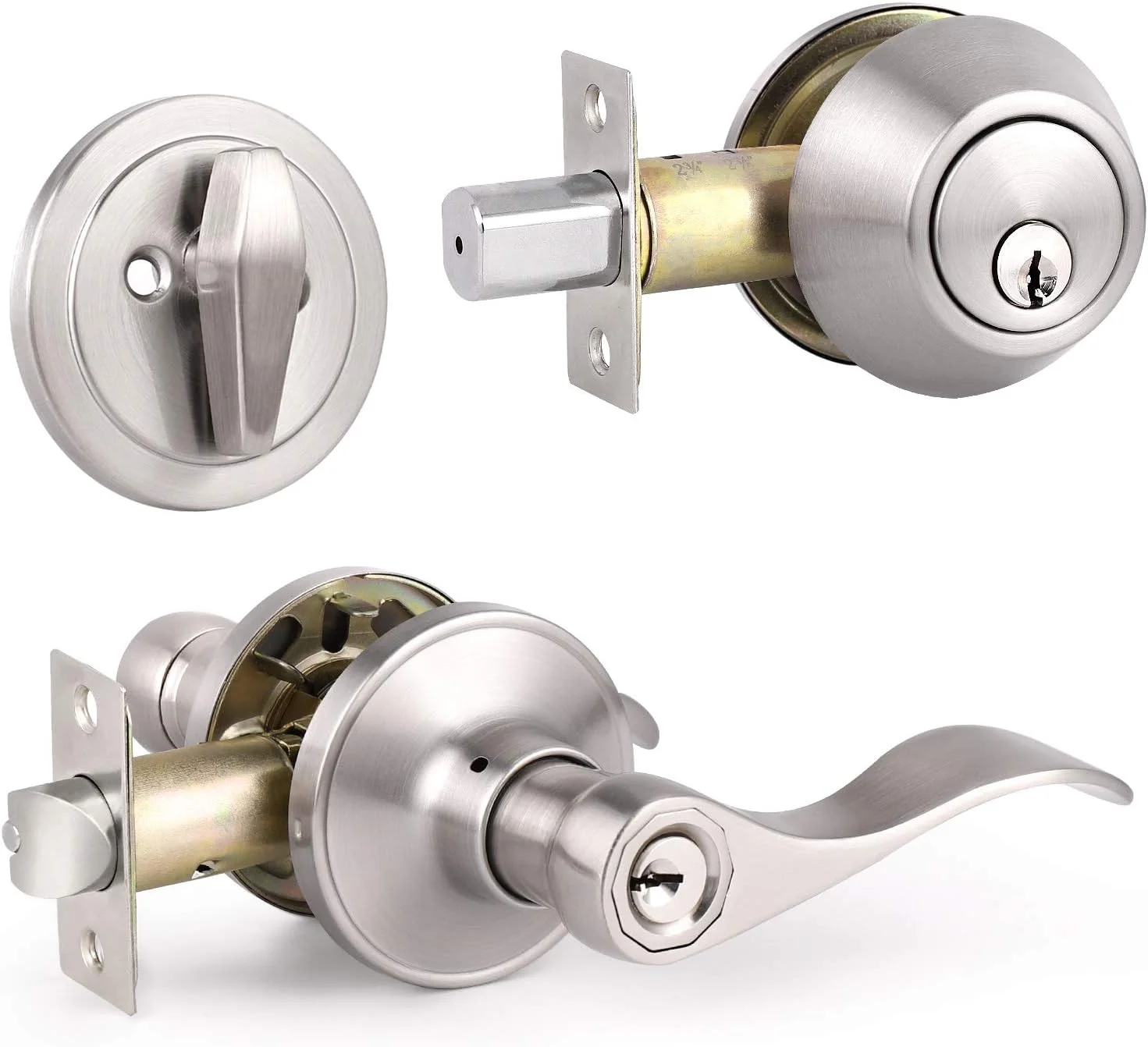دستگیره درب ورودی Knobonly با قفل سیلندر تکی، همه کلیدها یکسان، دستگیره های اهرمی درب با روکش نیکل ساتن با قفل و کلید، 1 ست، بسته ترکیبی دستگیره درب مدل موجی