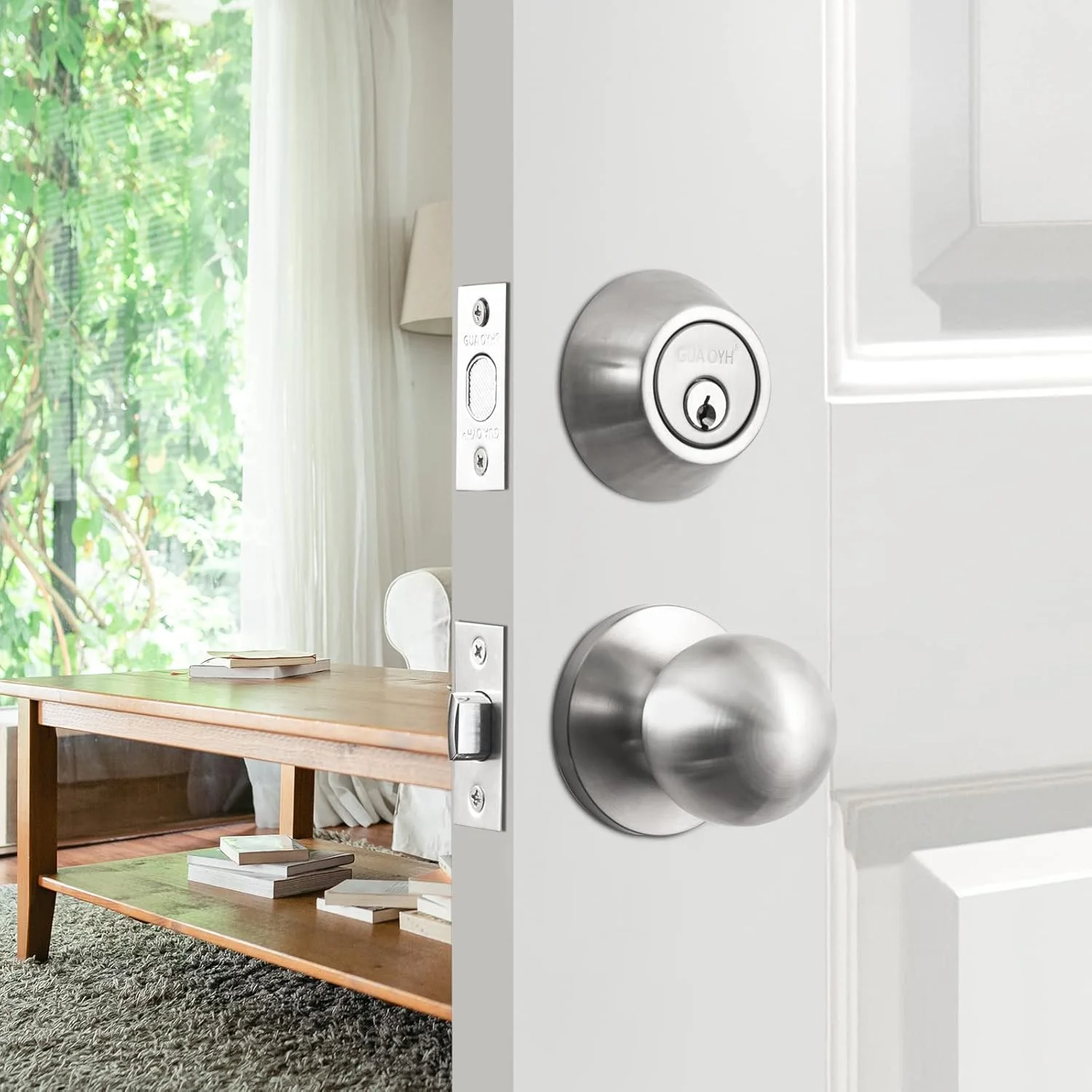 ست قفل درب ورودی GUA OYH، دستگیره درب ورودی نیکل ساتن با قفل زبانه تک سیلندر و دستگیره توپی، دستگیره درب سنگین برای درب ورودی یا درب اداری