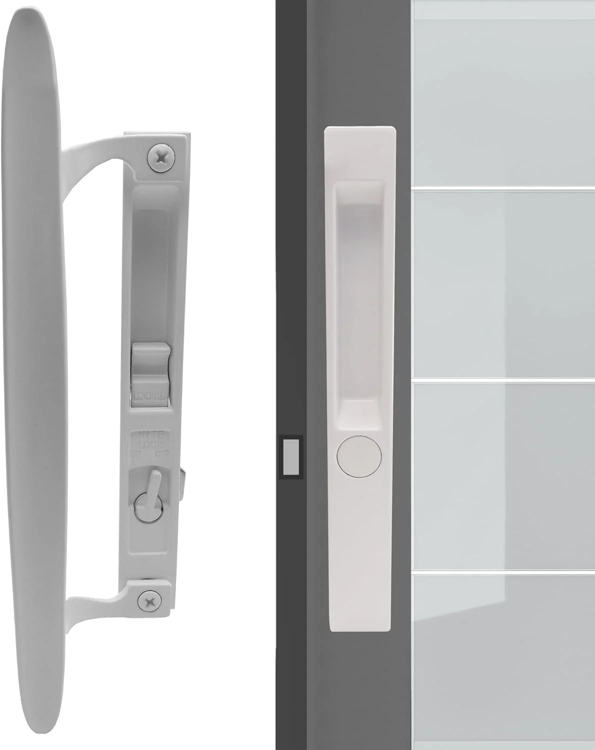 دستگیره توکار درب کشویی شیشه ای ACEPLANET، ارتفاع 6-5/8 اینچ، مناسب برای درب های با ضخامت 1 تا 1-1/8 اینچ، دارای قفل شب و زبانه قلاب دار، بدون جهت، دایکاست سفید