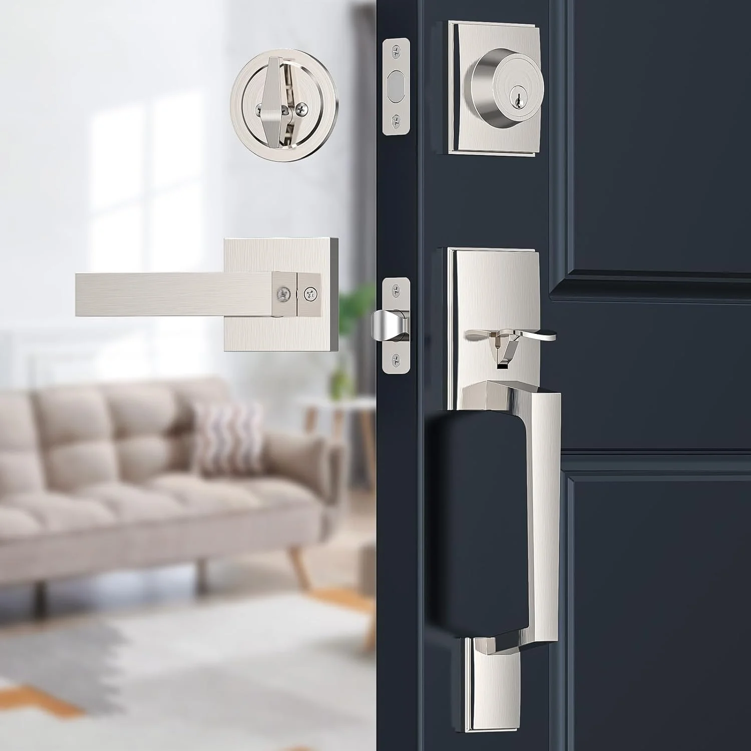 دستگیره درب ورودی Brightify، ست دستگیره با اهرم درب، ست دستگیره درب ورودی، قفل زبانه قابل تنظیم تک سیلندر برگشت پذیر با دستگیره اهرمی، دستگیره های ورودی درب نیکل ساتن