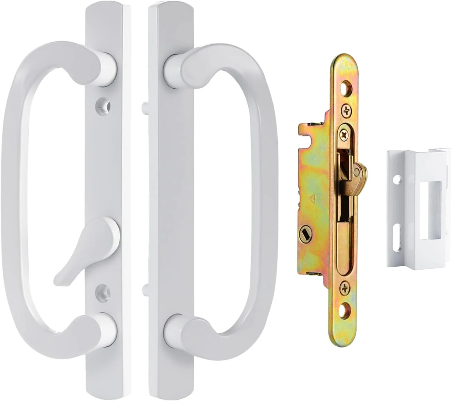 دستگیره درب کشویی پاسیو بدون کلید با موقعیت افست، زاویه 45 درجه، فاصله سوراخ 3-15/16 اینچ، مناسب برای درهای با ضخامت 1-3/8 اینچ تا 2-1/4 اینچ، دایکاست سفید با قفل زبانه ای