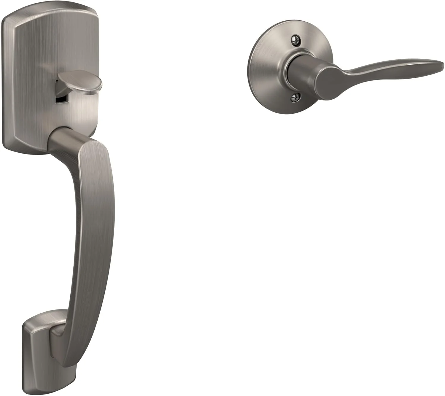 دستگیره ورودی شلاگ مدل FE285GRW619DELLH Greenwich با اهرم درب چپ گرد Delfayo، روکش نیکل ساتن