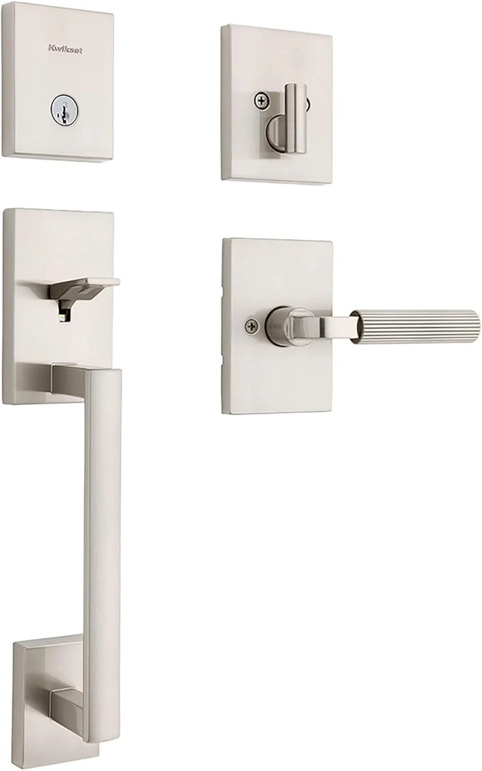 ست دستگیره و قفل درب ورودی Kwikset San Clemente، دستگیره ورودی با اهرم برگشت پذیر Mirada، نیکل ساتن، قفل ضد سرقت SmartKey Rekey با محافظت Microban