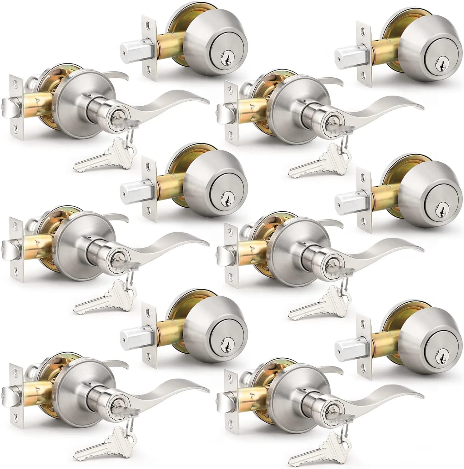 ست 6 عددی دستگیره اهرمی ورودی بیرونی نیکل ساتن و قفل سیلندر تکی، دستگیره ورودی یکسان کلید خورده برای درب ورودی، اهرم موجی شکل، بسته پیمانکاری