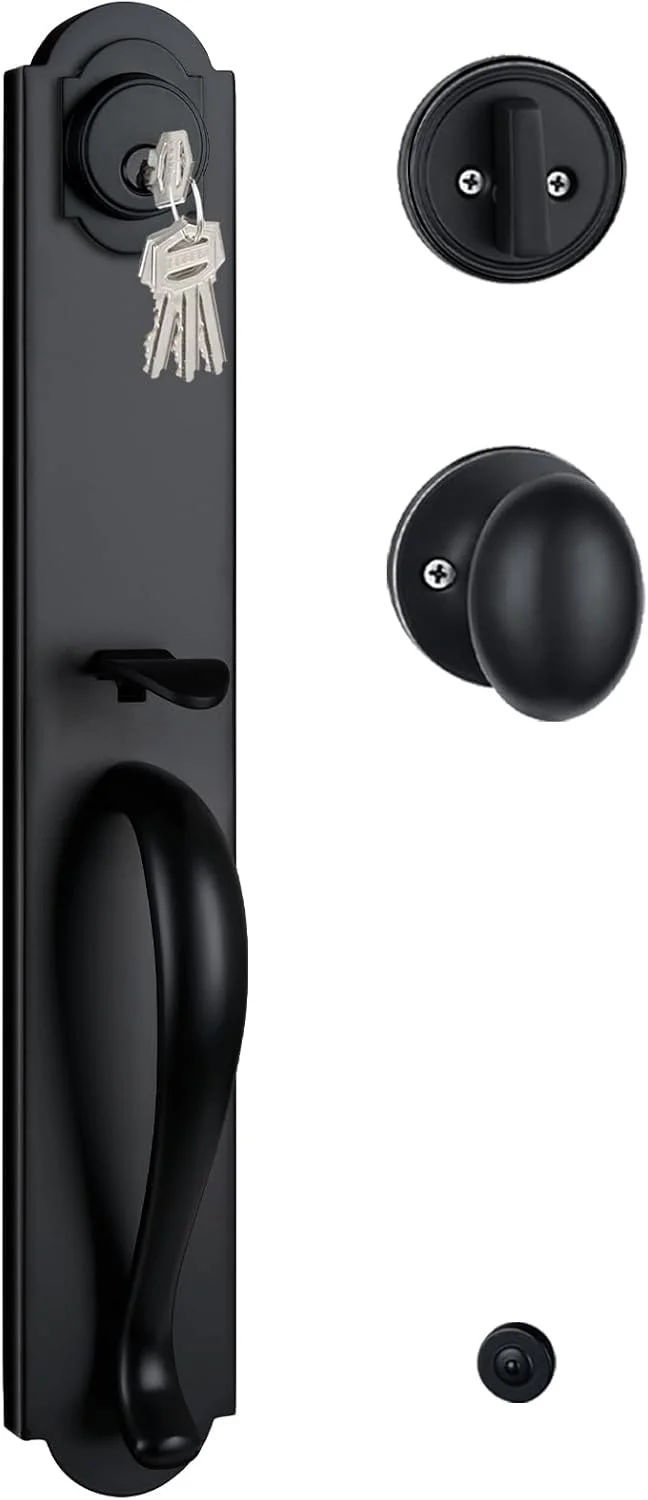 دستگیره درب ورودی مشکی مات HISAFE با تریم Camelot، قفل درب ورودی کلیددار سنگین با سیلندر تک و اهرم، مناسب دست راست و چپ، طول 44.5 سانتی متر، X-2018DB-AMZ