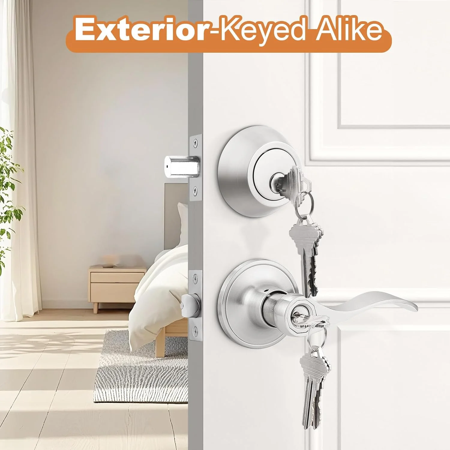 ست 6 عددی دستگیره اهرمی ورودی بیرونی نیکل ساتن و قفل سیلندر تکی، دستگیره ورودی یکسان کلید خورده برای درب ورودی، اهرم موجی شکل، بسته پیمانکاری ست 6 عددی دستگیره اهرمی ورودی بیرونی نیکل ساتن و قفل سیلندر تکی، دستگیره ورودی یکسان کلید خورده برای درب ورودی، اهرم موجی شکل، بسته پیمانکاری