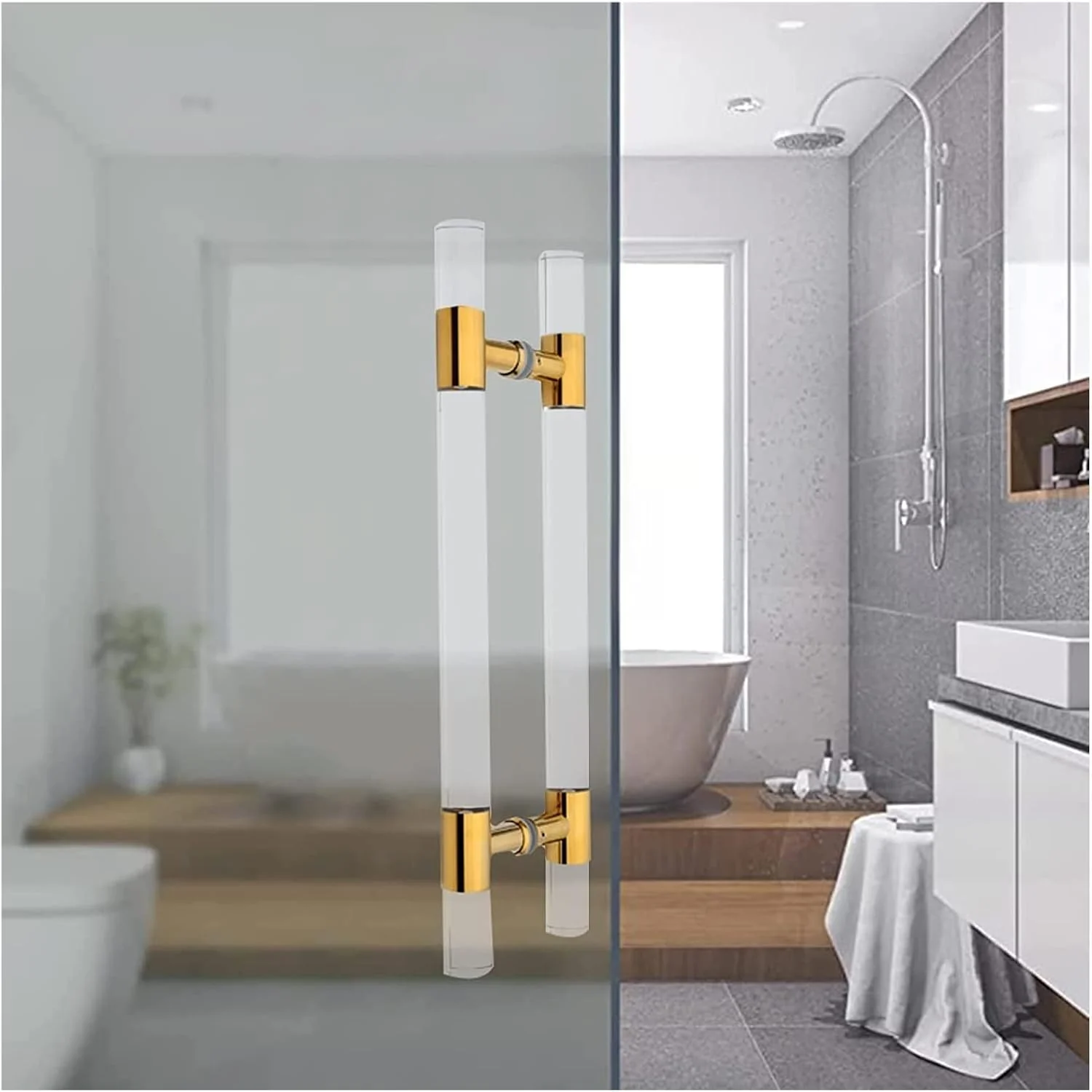 دستگیره درب ورودی شفاف 60، 80، 100، 120 سانتی متری، دستگیره های میله ای فشاری و کششی H شکل نصب شده دو طرفه برای درب های شیشه ای خانه/اداره، کیت های کامل، طلایی - 100 سانتی متر