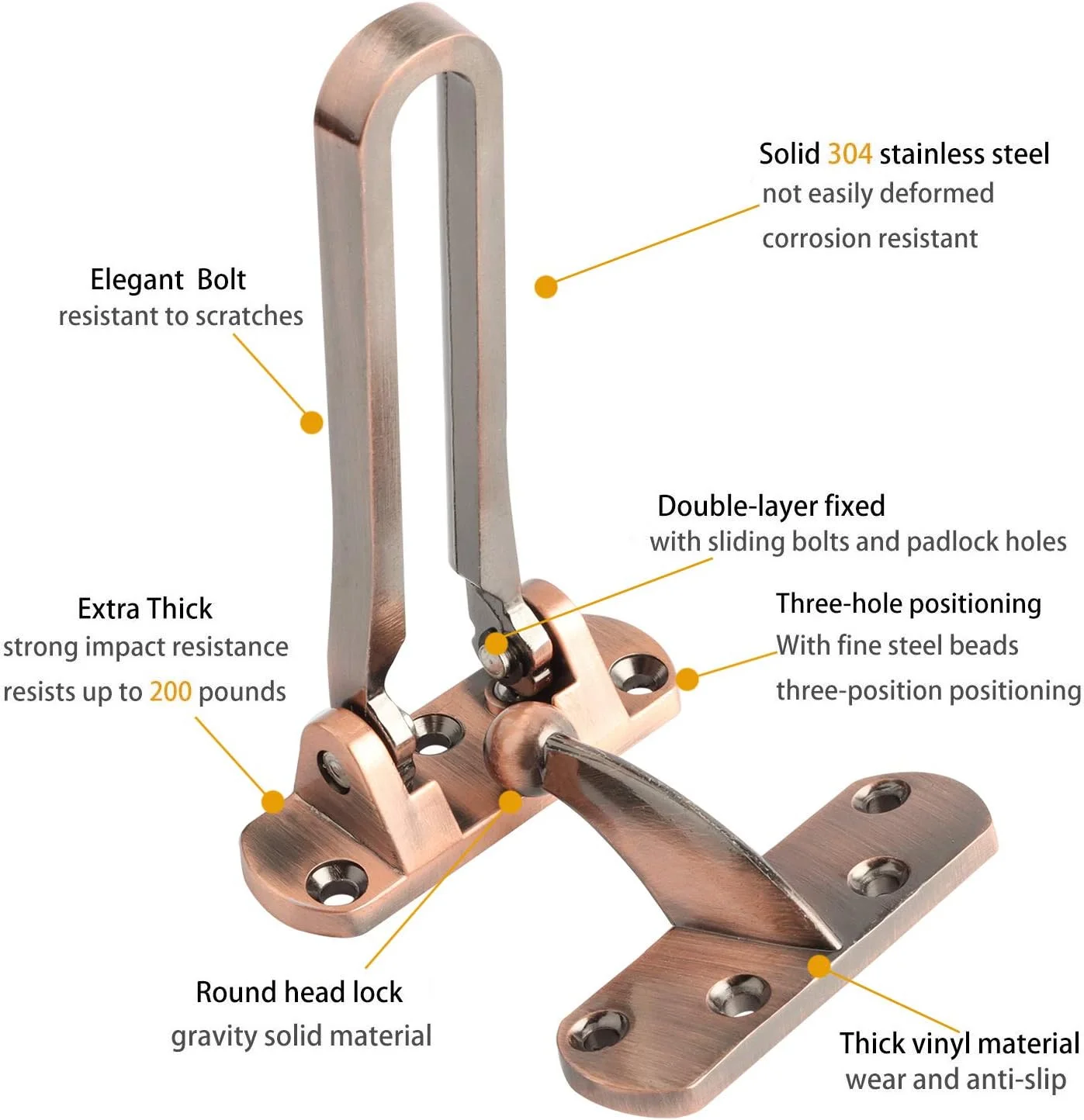 قفل تقویت درب SAISN، قفل میله ای چرخشی برای امنیت خانه، قفل درب ورودی برای کودکان، آلیاژ آلومینیوم ضخیم و جامد (نقره ای)