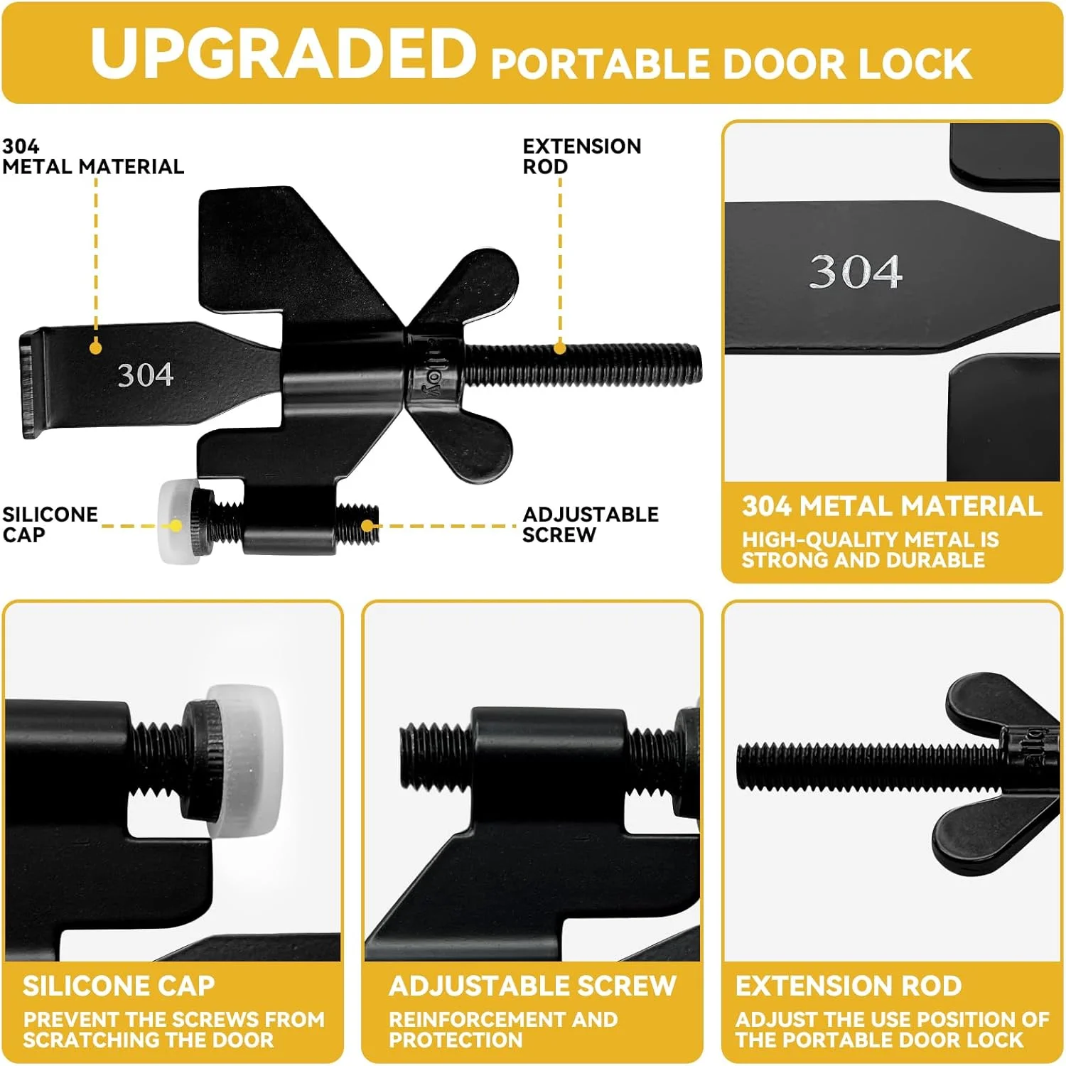 قفل درب قابل حمل مشکی Rerishom، قفل درب امنیتی خانگی، قفل مسافرتی برای ایمنی و حریم خصوصی بیشتر، ایده آل برای مسافرت، هتل، خانه، آپارتمان، خوابگاه