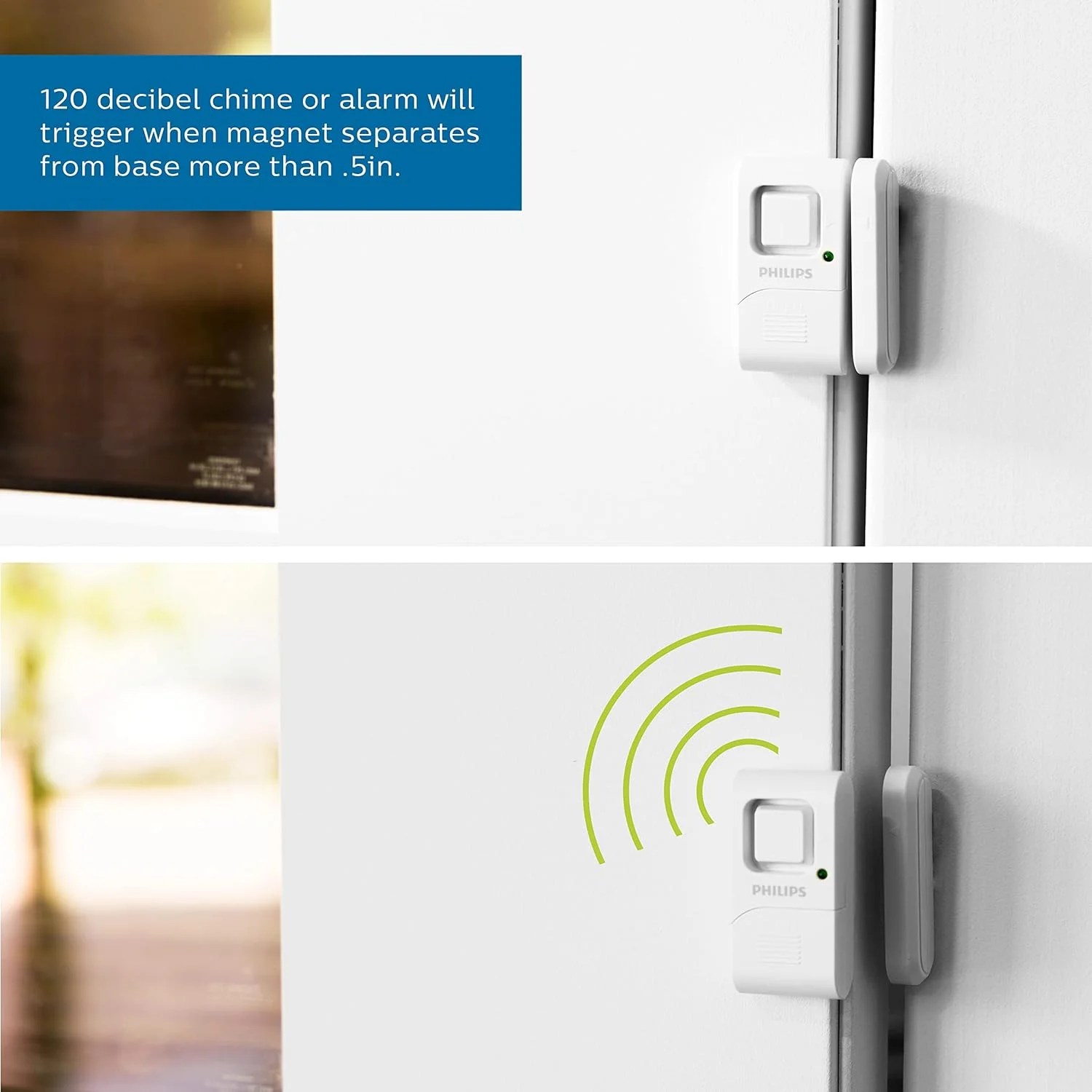آلارم پنجره و درب امنیتی شخصی فیلیپس، بسته 4 عددی، حفاظت DIY، هشدار سرقت، بی سیم، زنگ/آلارم، نصب آسان، ایده آل برای خانه، گاراژ، آپارتمان، RV و غیره، LRM3320W/27