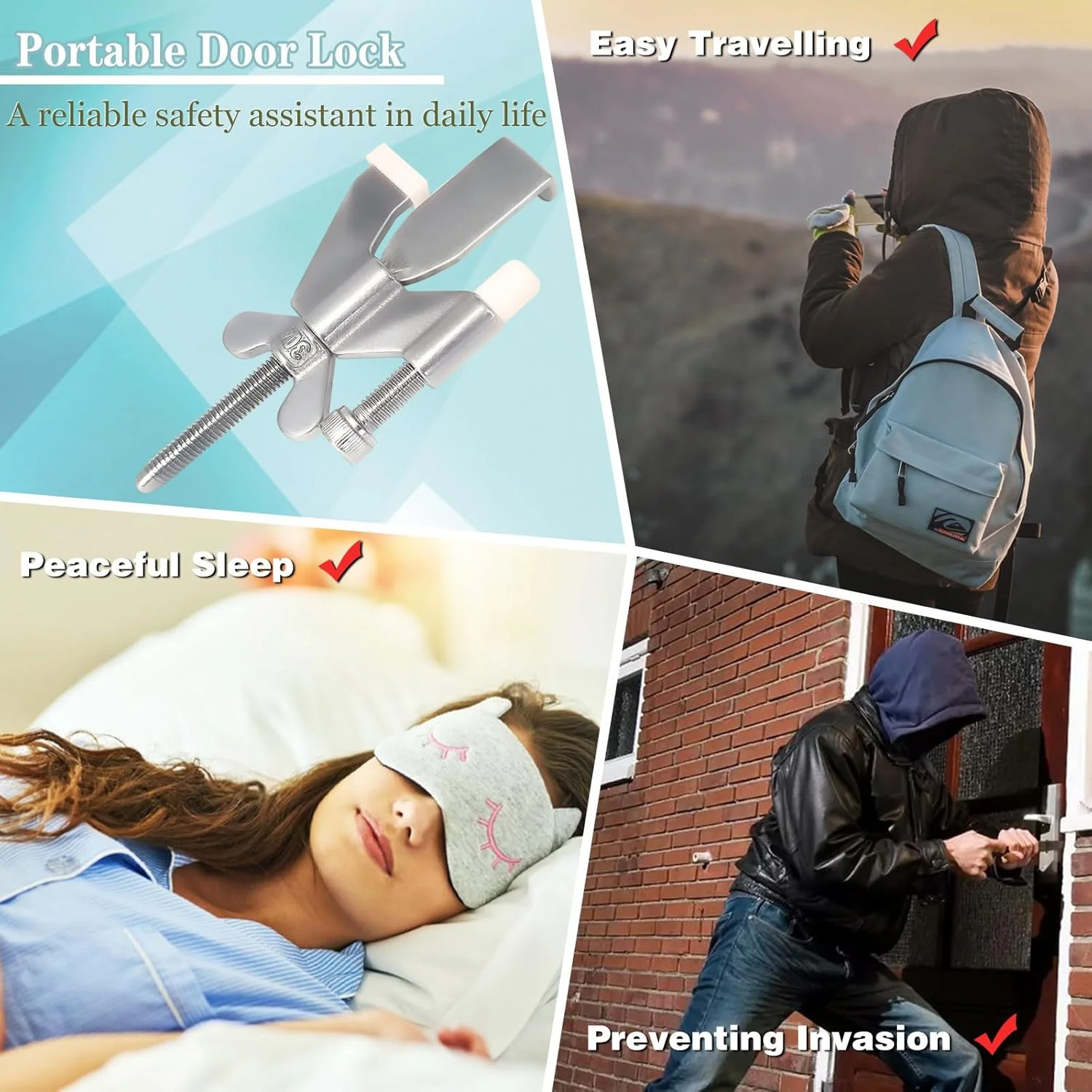 قفل درب قابل حمل ELEMGULY، قفل درب ایمنی قابل تنظیم با درپوش های سیلیکونی محافظ برای خانه، مسافرت، هتل ها، آپارتمان ها برای افزایش ایمنی، نقره ای