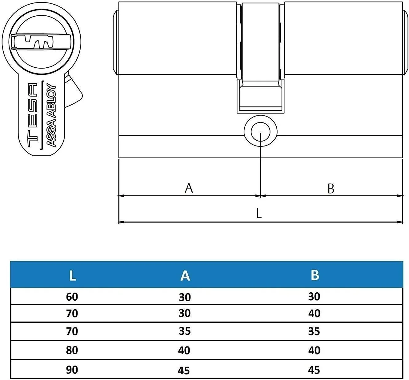 سیلندر امنیتی Tesa Assa Abloy T65D3535N، مدل T60 DS، کلاچ دوبل، زبانه بلند، آچار، نیکل، 35 x 35 میلی متر