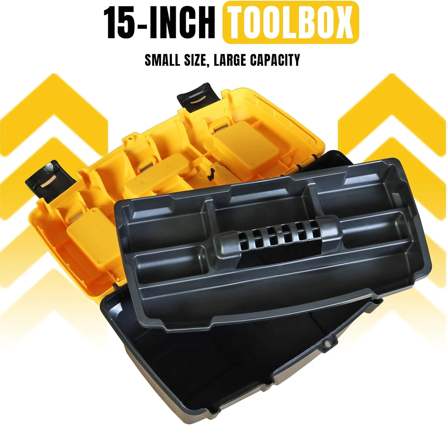 جعبه ابزار پلاستیکی تورین 15.5 اینچی با سینی جداشدنی، جعبه ابزار کوچک با جعبه پیچ، مشکی/زرد ATRJH-3015T