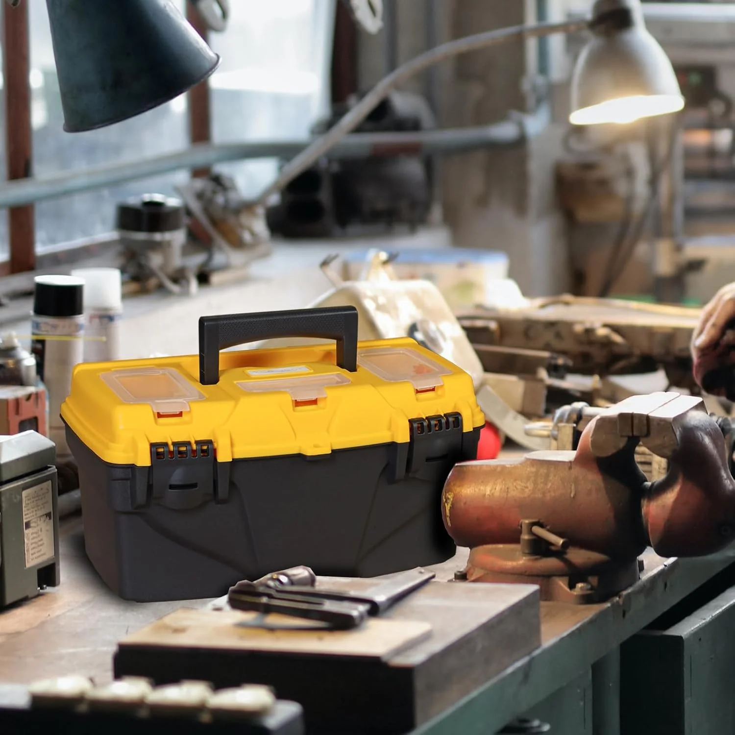 جعبه ابزار پلاستیکی تورین 15.5 اینچی با سینی جداشدنی، جعبه ابزار کوچک با جعبه پیچ، مشکی/زرد ATRJH-3015T