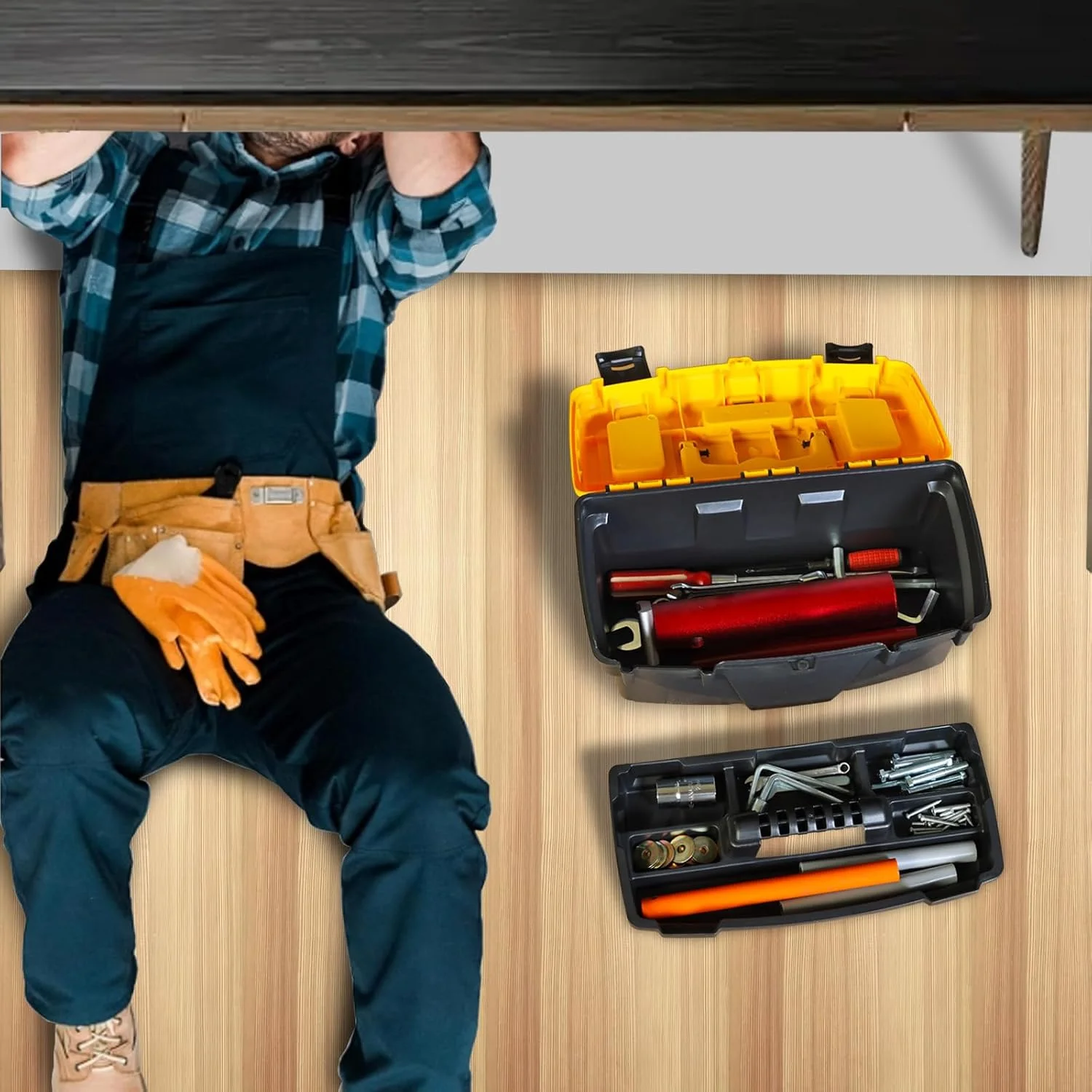 جعبه ابزار پلاستیکی تورین 15.5 اینچی با سینی جداشدنی، جعبه ابزار کوچک با جعبه پیچ، مشکی/زرد ATRJH-3015T