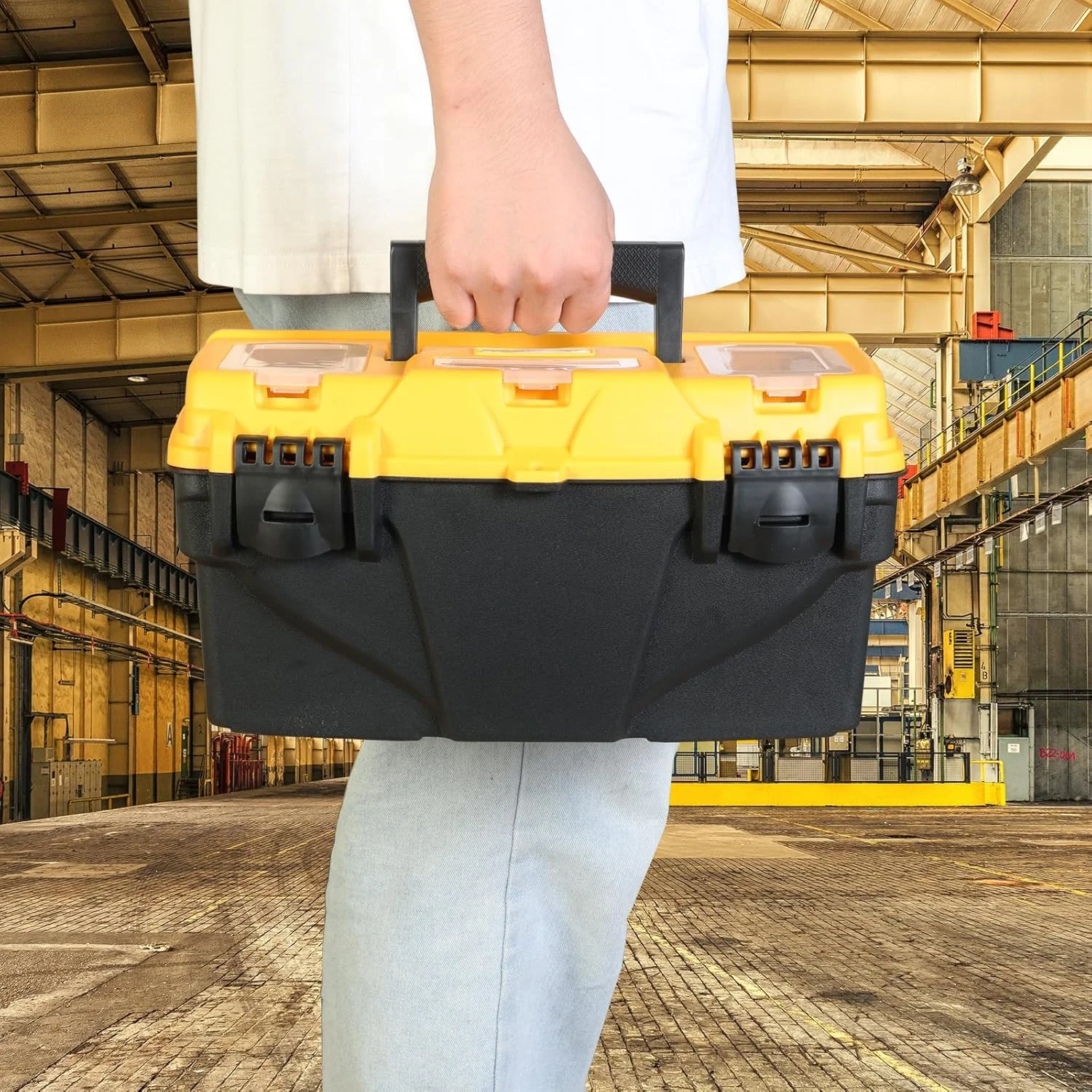 جعبه ابزار پلاستیکی تورین 15.5 اینچی با سینی جداشدنی، جعبه ابزار کوچک با جعبه پیچ، مشکی/زرد ATRJH-3015T