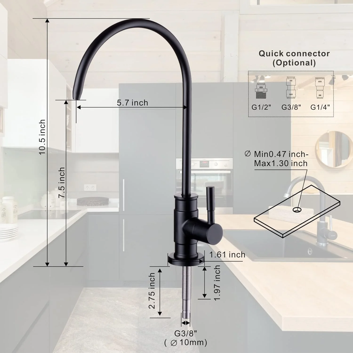 شیر آب آشامیدنی WELLUP مشکی مات، شیر آب اسمز معکوس برای سیستم تصفیه آب RO بدون شکاف هوا، شیر آب RO فیلتر آب آشپزخانه استیل ضد زنگ بدون سرب برای سینک بار آشپزخانه