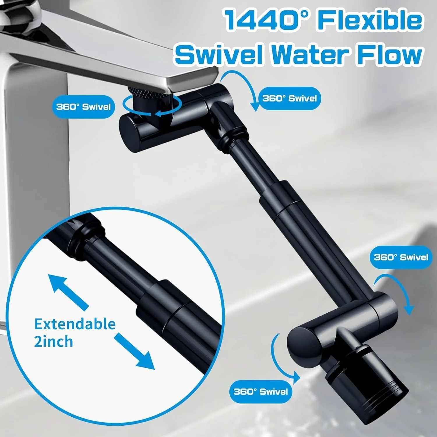 افزودنی شیر آب سینک با چرخش 1440 درجه برای کودکان، دارای 2 حالت اسپری، جایگزین سر شیر آشپزخانه و حمام، اتصال هوشمند شیر با فیلتر برای شستشوی صورت (مشکی مات)