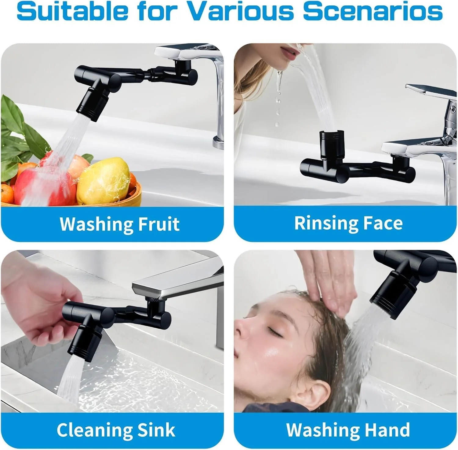 افزودنی شیر آب سینک با چرخش 1440 درجه برای کودکان، دارای 2 حالت اسپری، جایگزین سر شیر آشپزخانه و حمام، اتصال هوشمند شیر با فیلتر برای شستشوی صورت (مشکی مات)