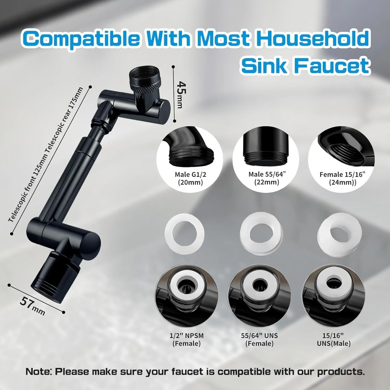 افزودنی شیر آب سینک با چرخش 1440 درجه برای کودکان، دارای 2 حالت اسپری، جایگزین سر شیر آشپزخانه و حمام، اتصال هوشمند شیر با فیلتر برای شستشوی صورت (مشکی مات)