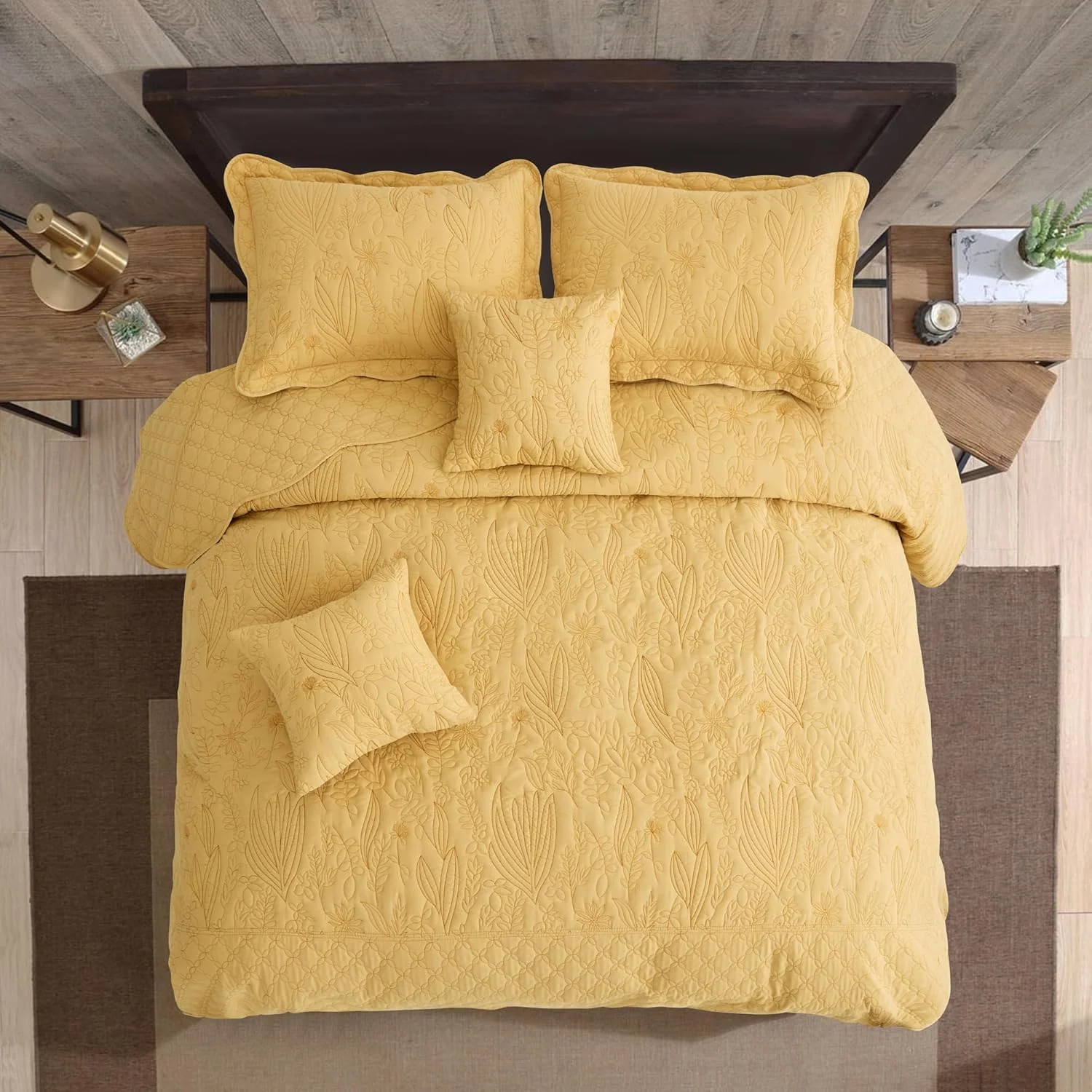 روتختی بزرگ گیاهی CHIXIN سایز کوئین - ست لحاف طرح برگ - روتختی های شیک و با طراوت، دو رو، سبک وزن، 4 تکه، طلایی عسلی