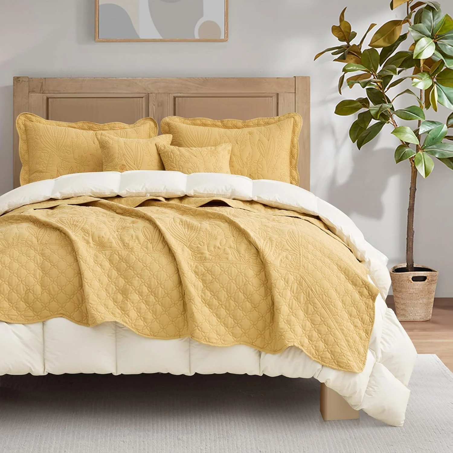 روتختی بزرگ گیاهی CHIXIN سایز کوئین - ست لحاف طرح برگ - روتختی های شیک و با طراوت، دو رو، سبک وزن، 4 تکه، طلایی عسلی