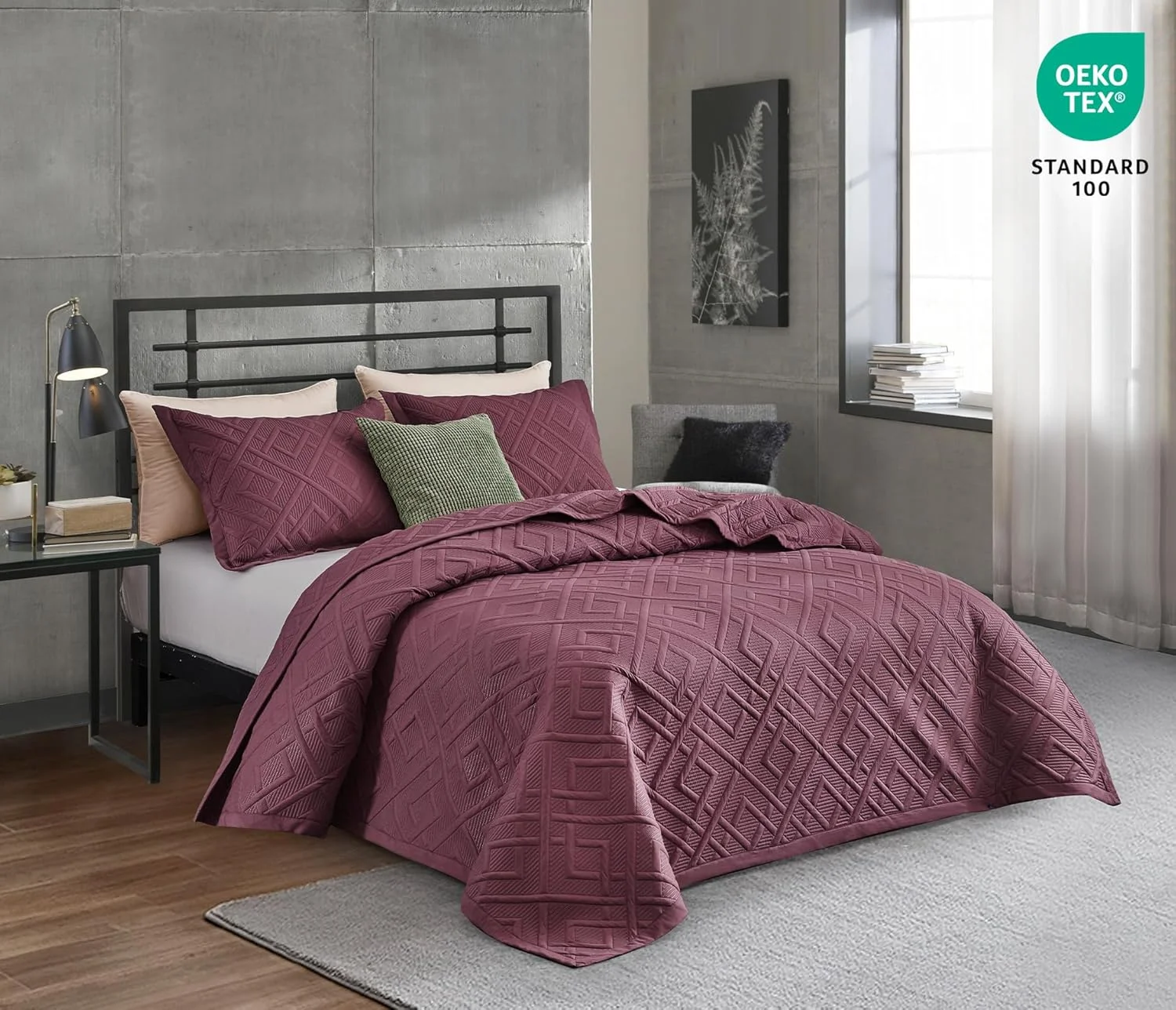 ست روتختی لحاف دار سایز کینگ CHIXIN - طرح هندسی - رو تختی مدرن و معاصر، لحاف دوزی التراسونیک، دو رو، سبک وزن، 4 تکه، زرشکی و ویستریا