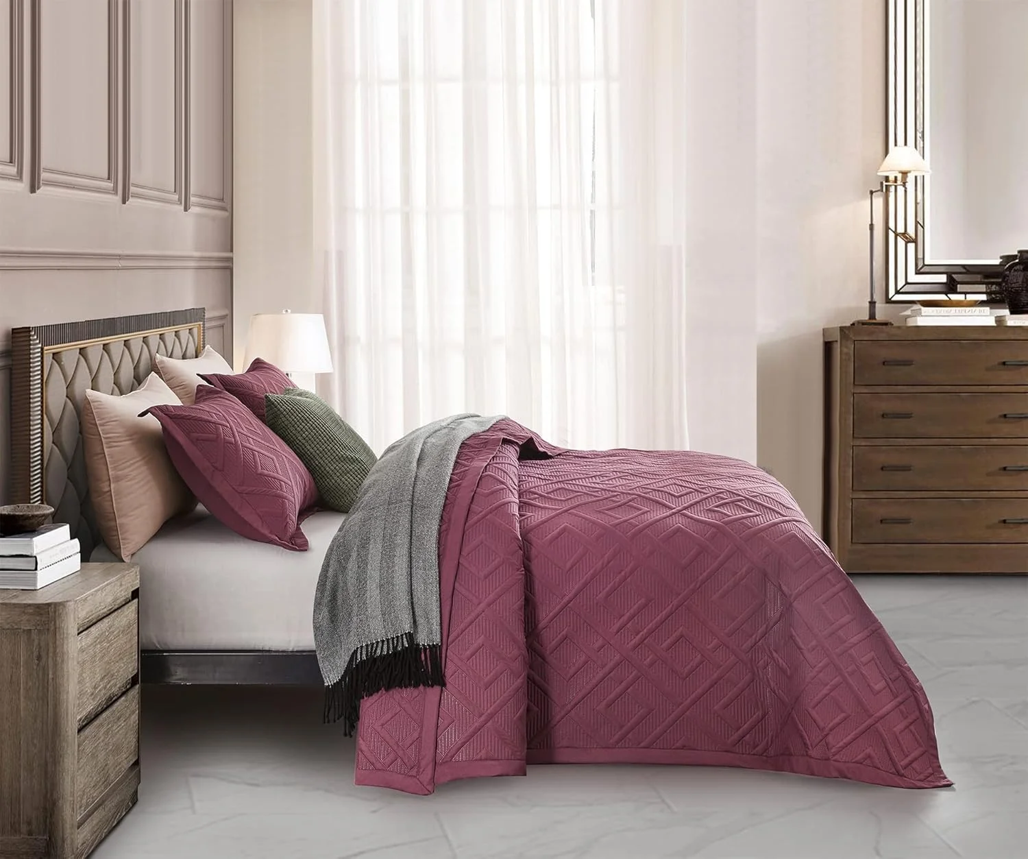 ست روتختی لحاف دار سایز کینگ CHIXIN - طرح هندسی - رو تختی مدرن و معاصر، لحاف دوزی التراسونیک، دو رو، سبک وزن، 4 تکه، زرشکی و ویستریا