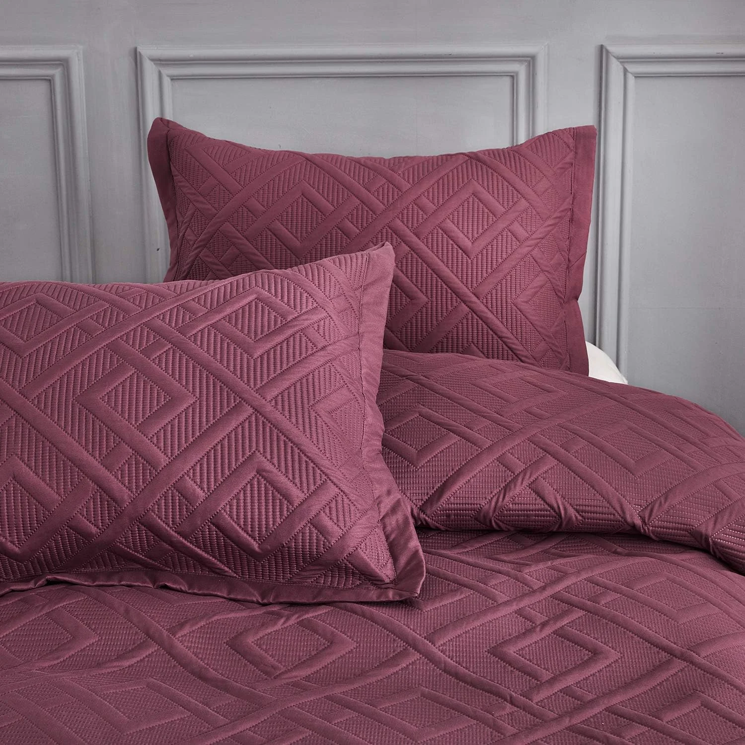 ست روتختی لحاف دار سایز کینگ CHIXIN - طرح هندسی - رو تختی مدرن و معاصر، لحاف دوزی التراسونیک، دو رو، سبک وزن، 4 تکه، زرشکی و ویستریا