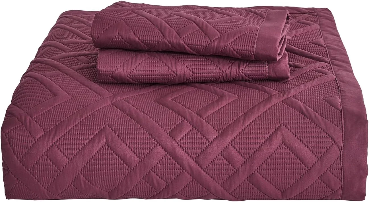ست روتختی لحاف دار سایز کینگ CHIXIN - طرح هندسی - رو تختی مدرن و معاصر، لحاف دوزی التراسونیک، دو رو، سبک وزن، 4 تکه، زرشکی و ویستریا