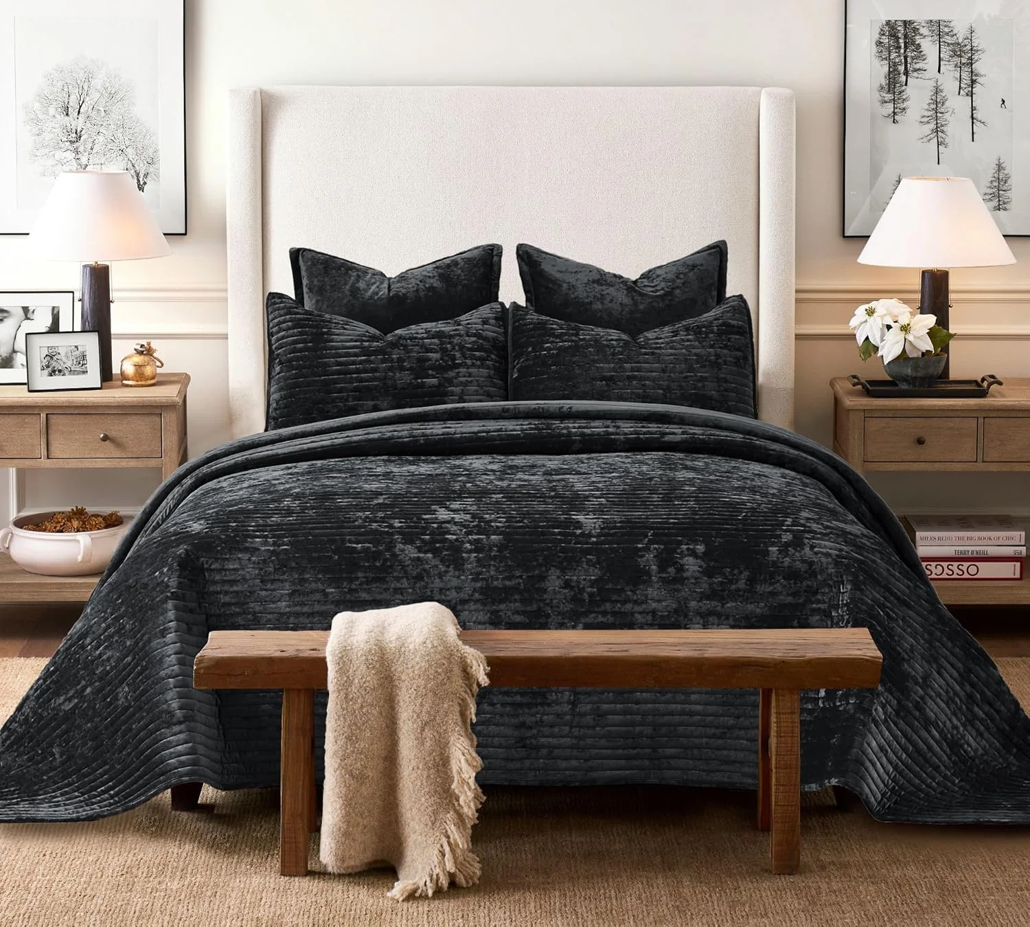 ست روتختی مخمل سه تکه لوکس سایز بزرگ کینگ کوکوپلوس، 270x300 سانتی متر، طرح راه راه، شامل روتختی و 2 روبالشتی 50x90 سانتی متر، فوق العاده نرم و مناسب تمام فصول، مشکی