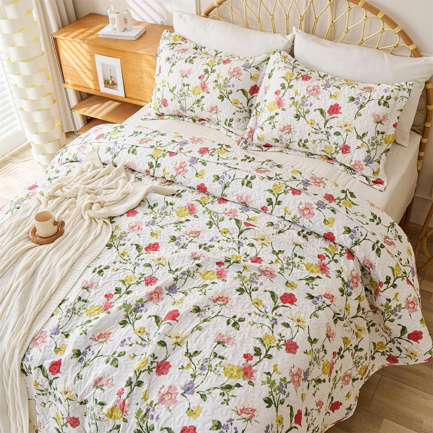 ست لحاف روتختی زرد رمانتیک Cmfshape سایز کینگ، روتختی دو رو طرح دار 3 تکه، ست روکش تخت گلدار با روبالشتی، ست ملحفه میکروفایبر سبک وزن برای تمام فصول (زرد، 259x228)