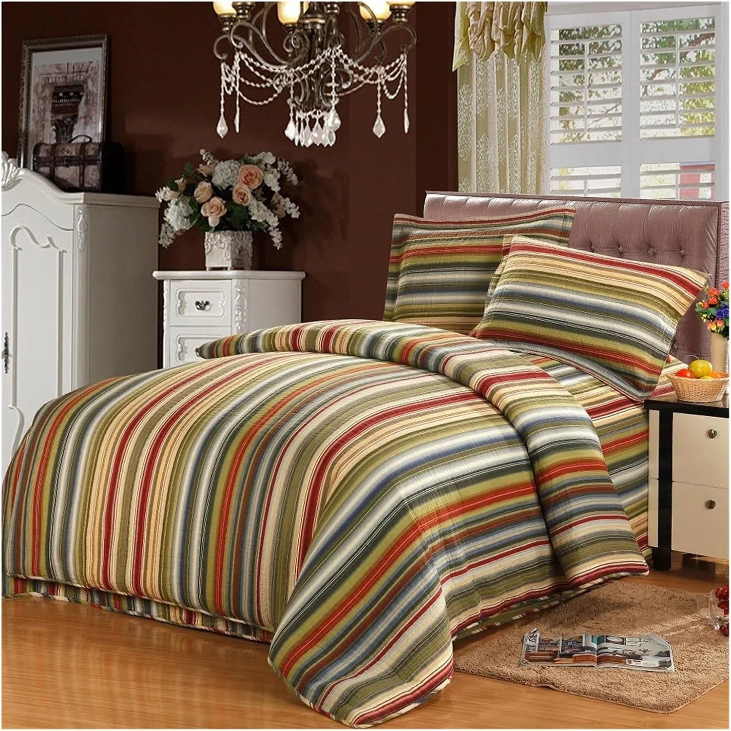 ست لحاف روتختی، ست لحاف راه راه 3 تکه/4 تکه پتو پنبه ای سازگار با تخت خواب دو نفره روتختی لحافی روی تخت روبالشی رو تختی سایز کوئین (A 230x250cm 3 تکه)