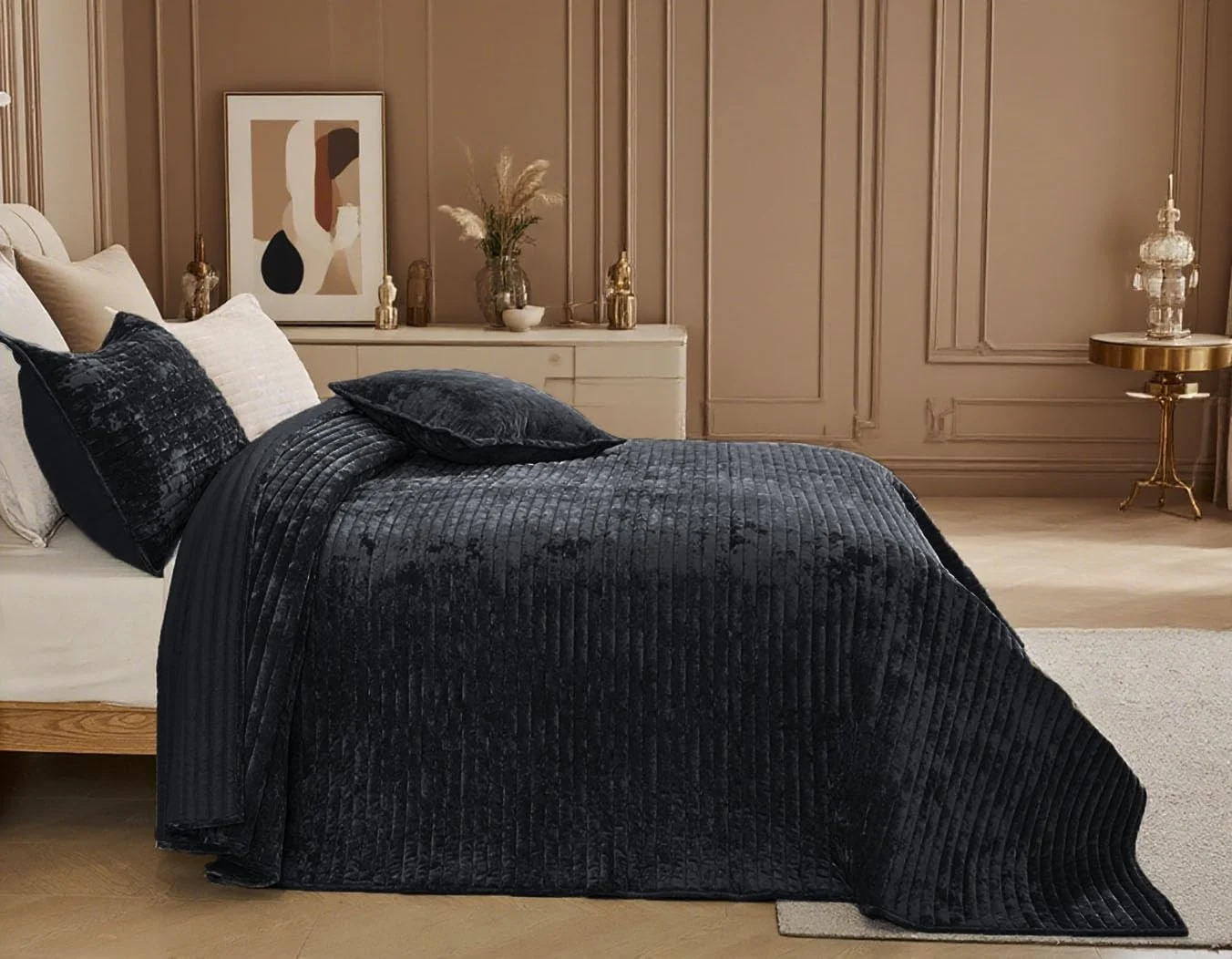 ست روتختی مخمل سه تکه لوکس سایز بزرگ کینگ کوکوپلوس، 270x300 سانتی متر، طرح راه راه، شامل روتختی و 2 روبالشتی 50x90 سانتی متر، فوق العاده نرم و مناسب تمام فصول، مشکی